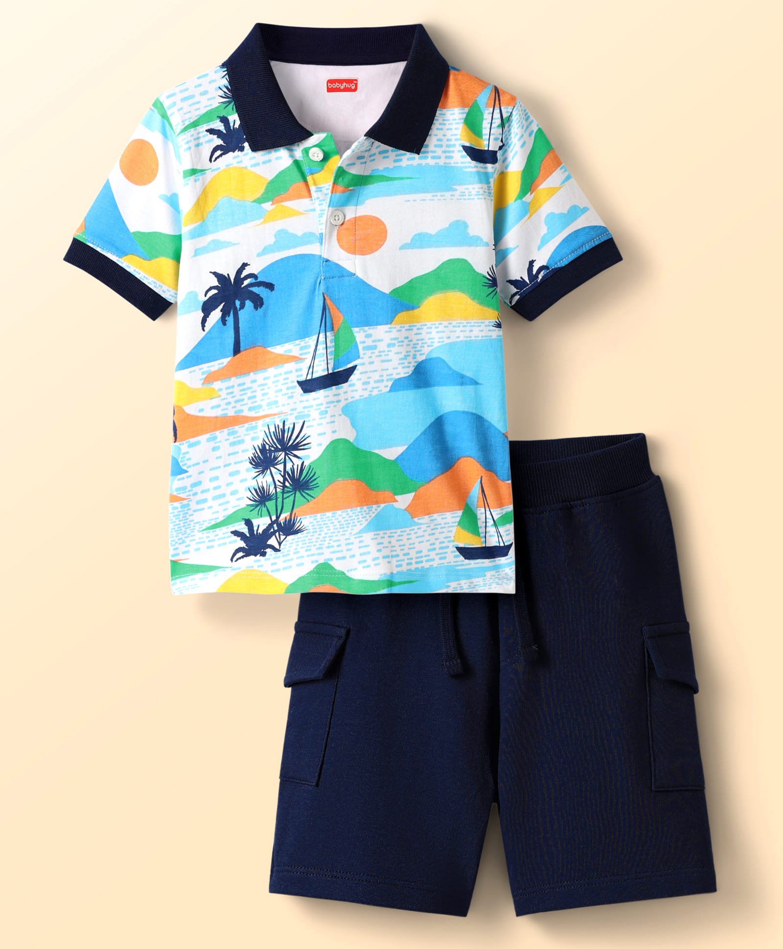 Babyhug Single Jersey Knit Half Sleeves Polo T-Shirt & Shorts With Beach Theme Print - Navy Blue