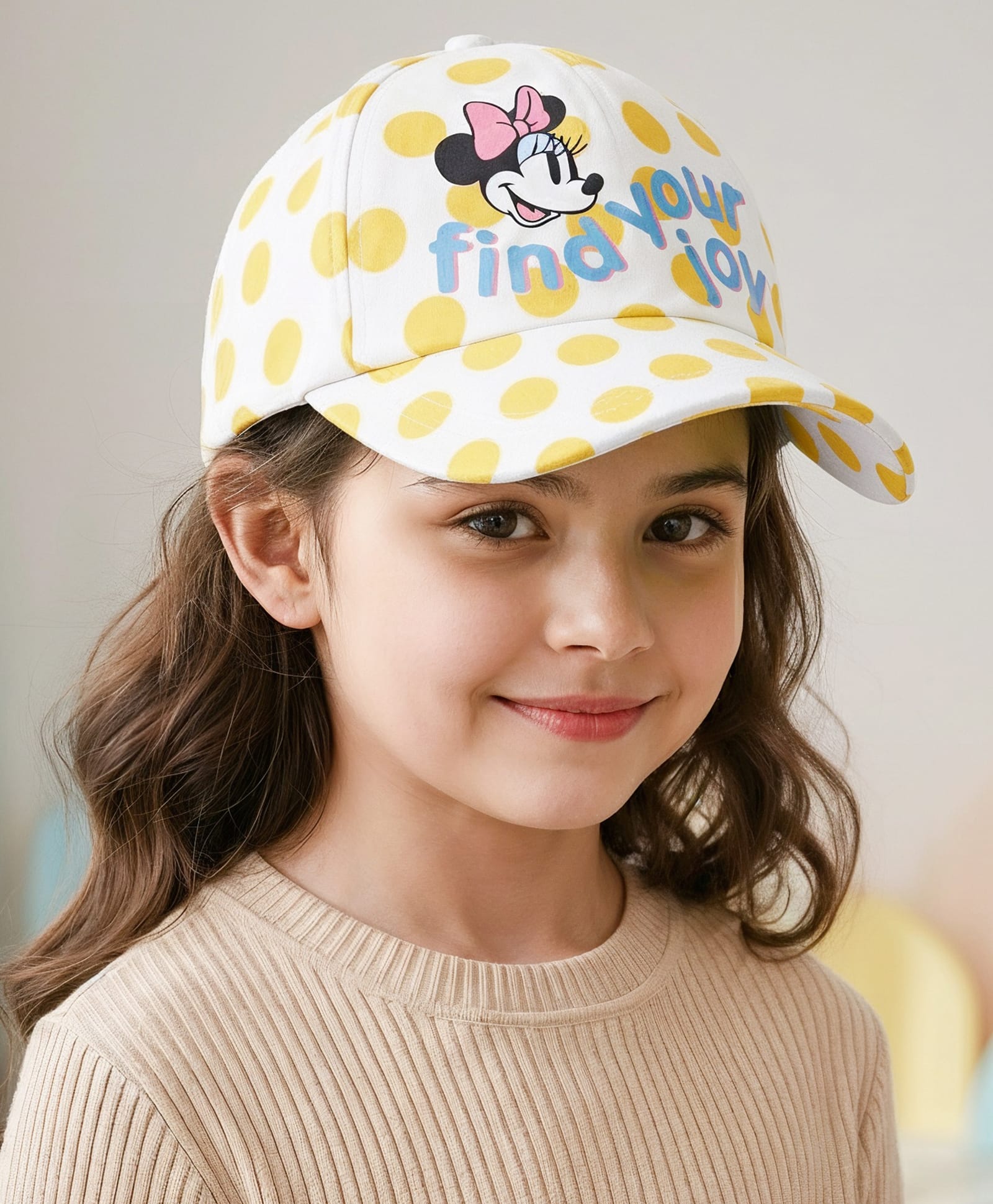 Pine Kids Disney Summer Caps with Minnie Mouse Graphics & Polka Dot Print Yellow & White - Diameter 53 cm