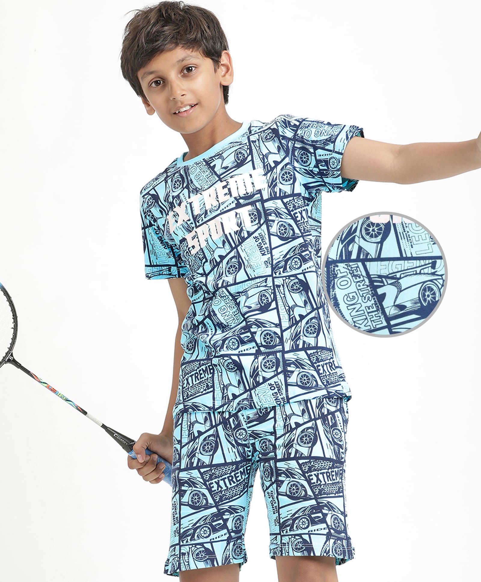 Pine Kids Single Jersey Knit Half Sleeves Co-Ords Shorts Night Suit With Extreme Sport Theme Text Print- Blue-picture-8