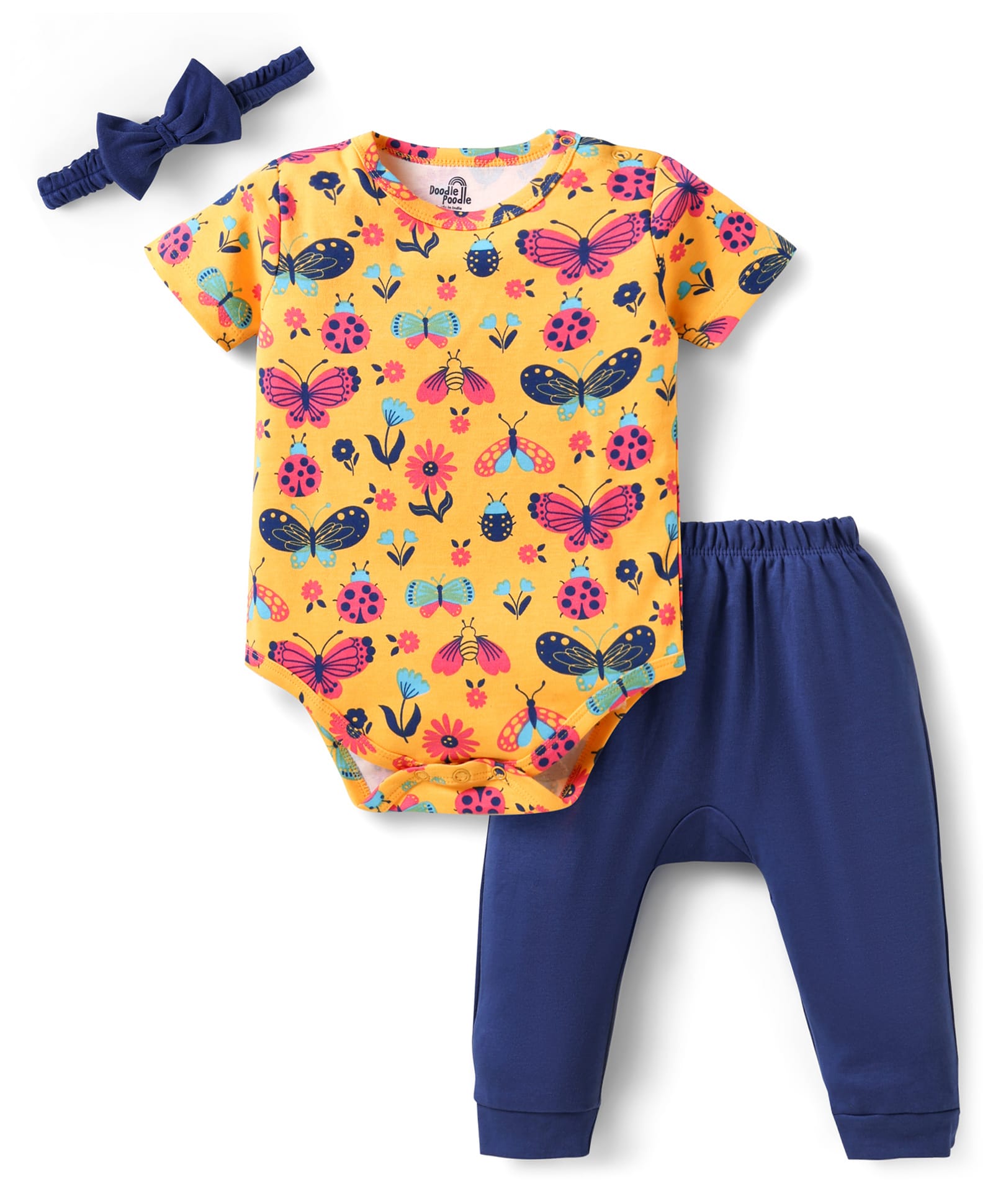 Doodle Poodle Interlock knit Half Sleeves Floral & Insect Printed Onesie With Diaper Leggings & Hairband - Yellow & Navy Blue-picture-17