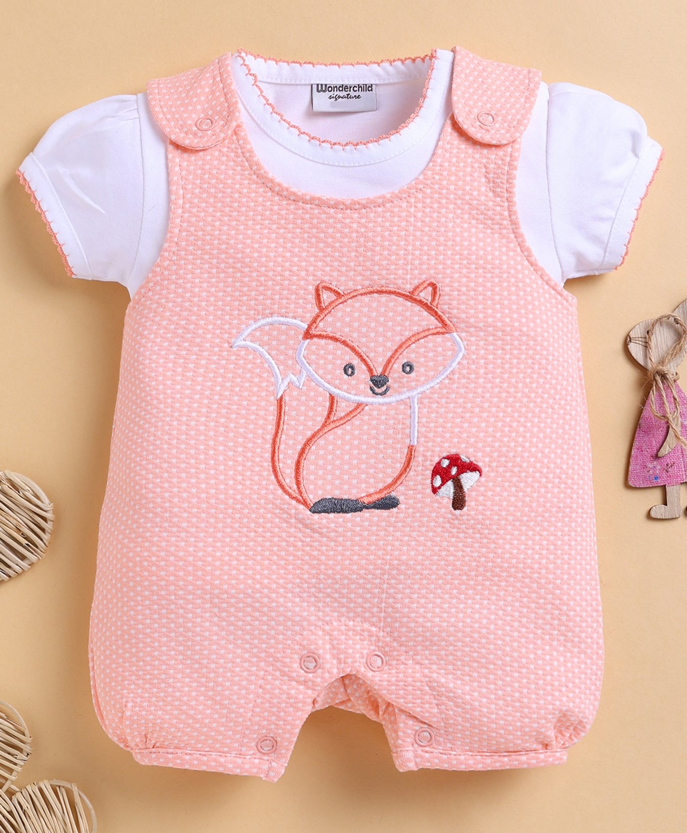 Wonderchild Interlock Fox Embroidered Dungaree With Half Sleeves Top - White & Deep Peach-image-8