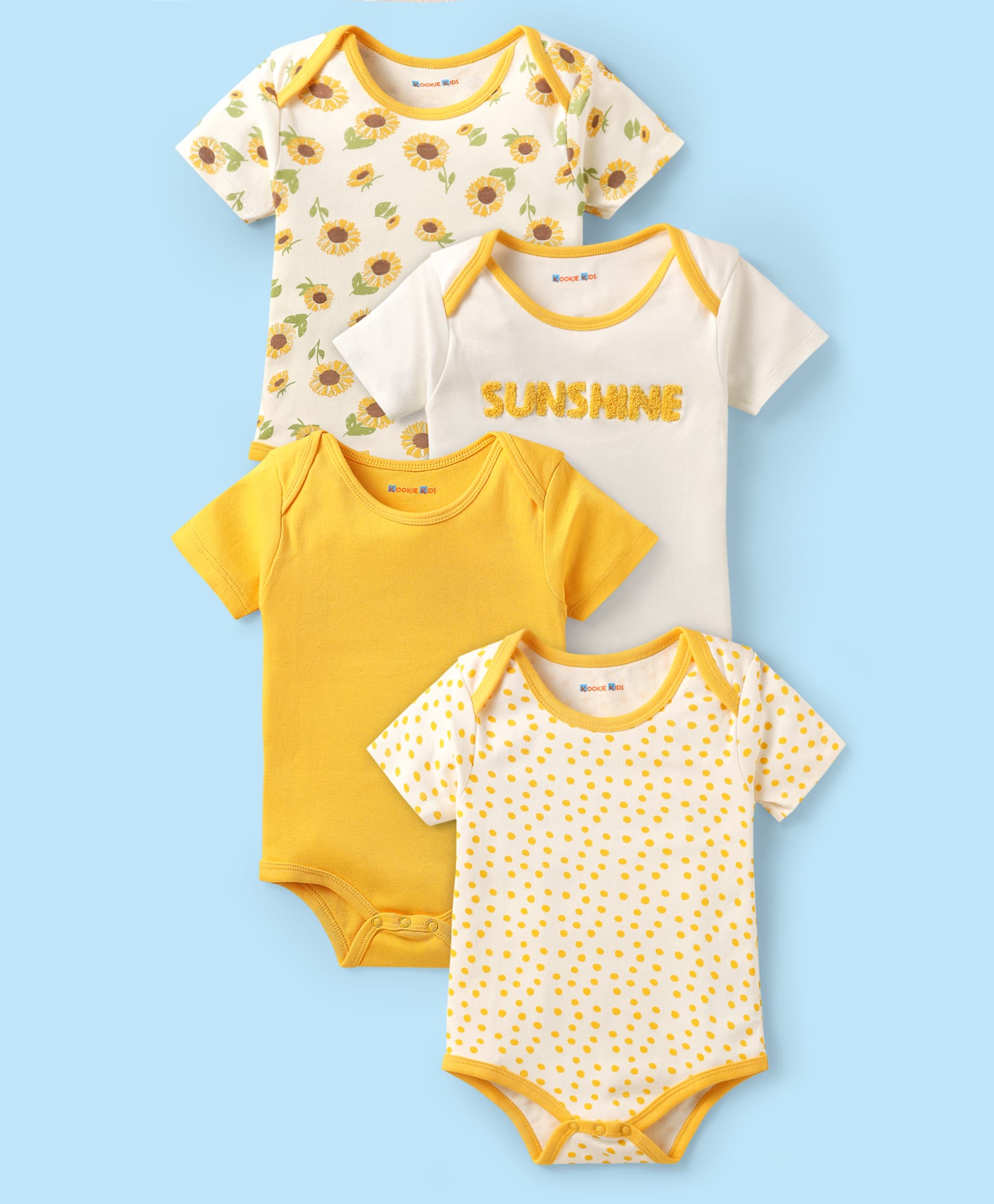 Kookie Kids Interlock Knit Half Sleeves Floral & Polka Dot Printed Onesies Pack of 5 - Multicolor-image-32