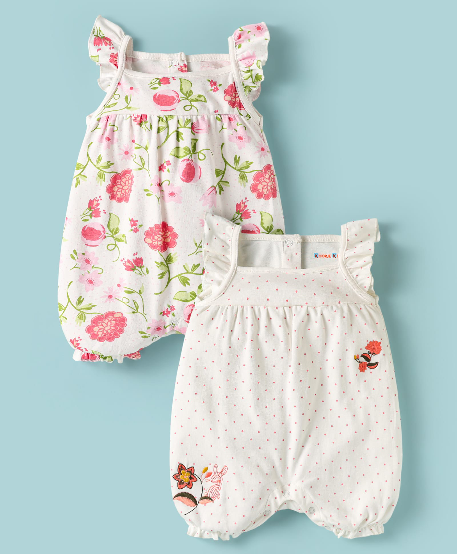 Kookie Kids Interlock Knit Frill Sleeves Floral & Polka Dot Printed & Embroidered Rompers Pack of 2 - White-image-41