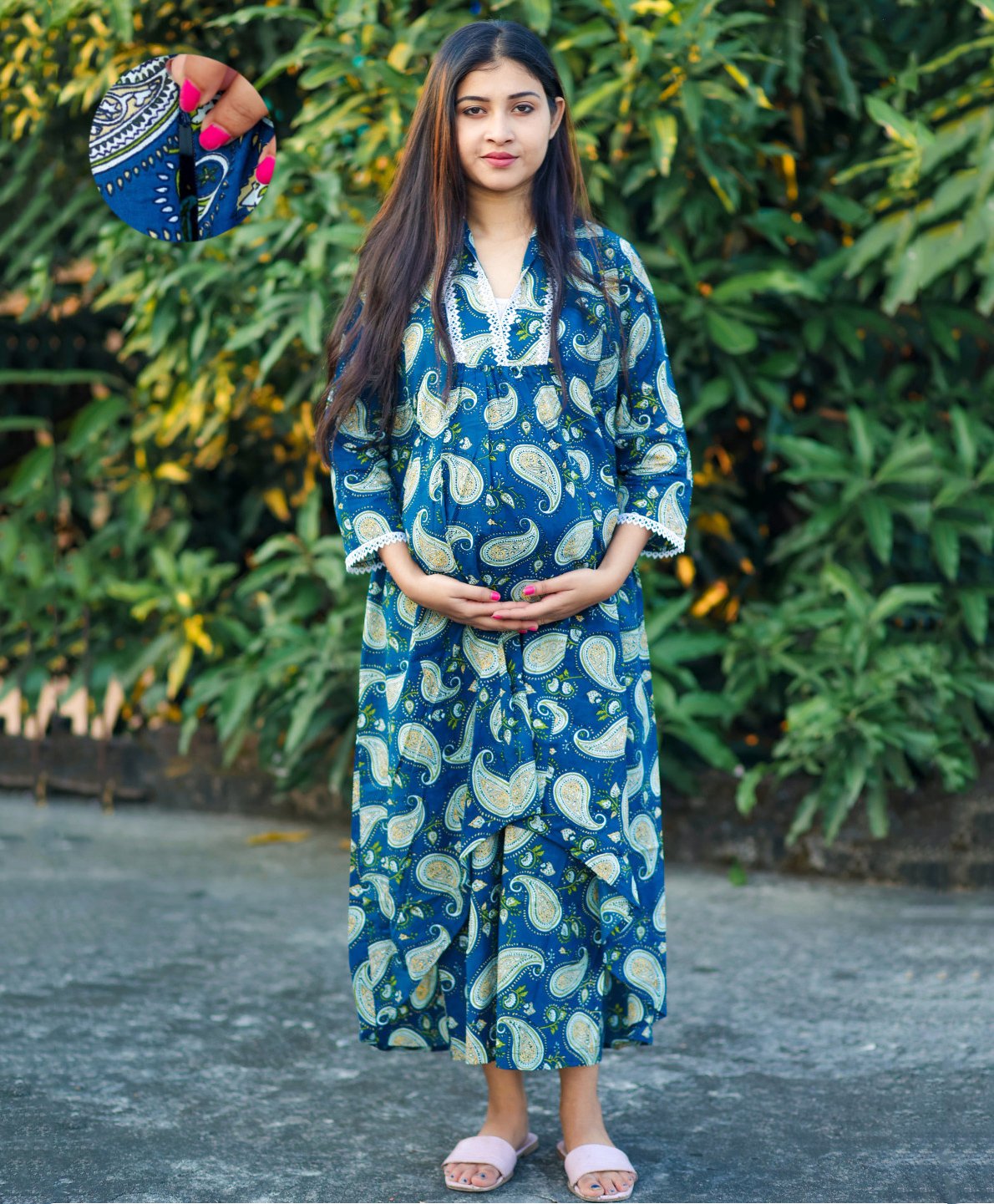 Aujjessa Cotton Three Fourth Sleeves Ethnic Motifs Printed & Lace Embellished Maternity Asymmetrical Kurta Set With Concealed Zipper Nursing Access - Teal Blue-image-32