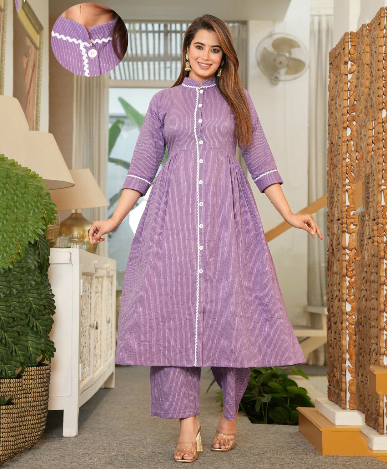 Aujjessa Cotton Three Fourth Sleeves Self Woven & Lace Embellished Maternity Kurta Set with Front Button Nursing Access - Lavender-image-10