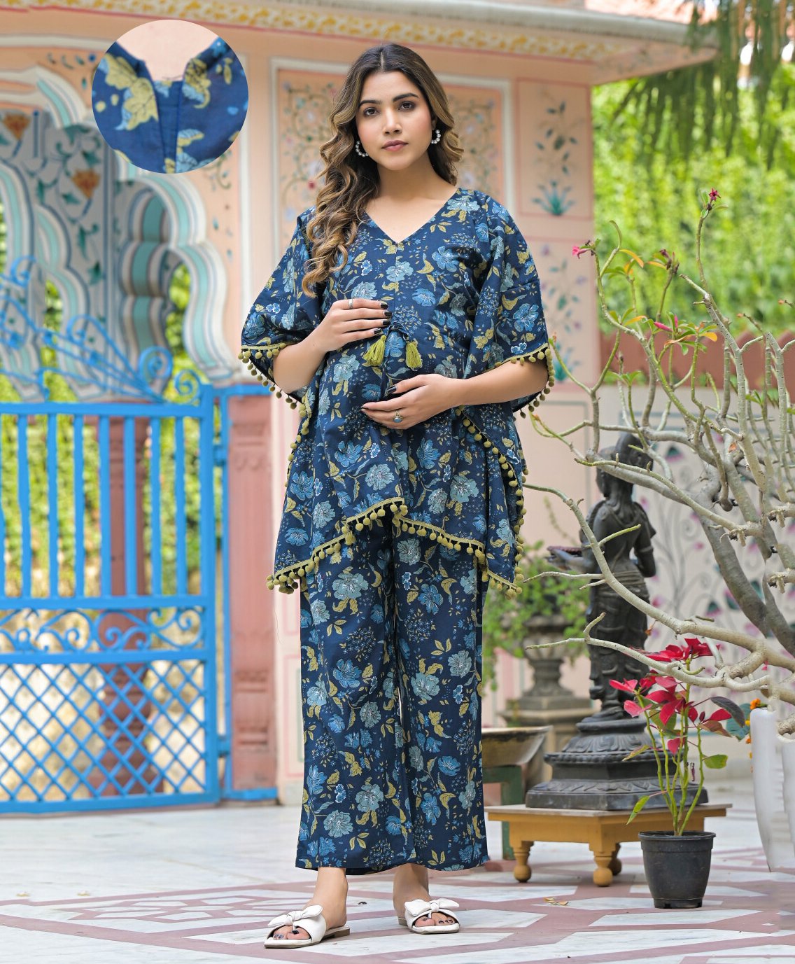 Aujjessa Cotton Batwing Sleeves Floral Printed & Lace Embellished Maternity Feeding Night Suit with Concealed Zipper Nursing Access - Indigo-picture-26