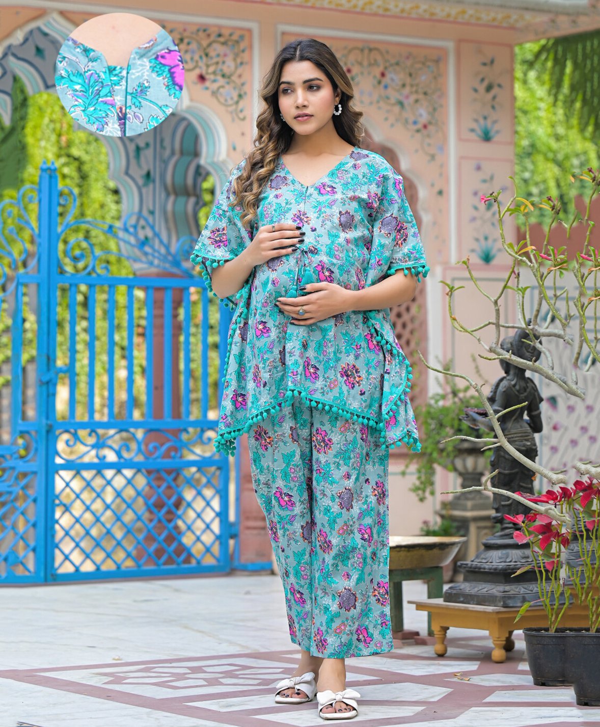 Aujjessa Cotton Batwing Sleeves Floral Printed & Lace Embellished Maternity Feeding Night Suit with Concealed Zipper Nursing Access - Turquoise Blue-image-29