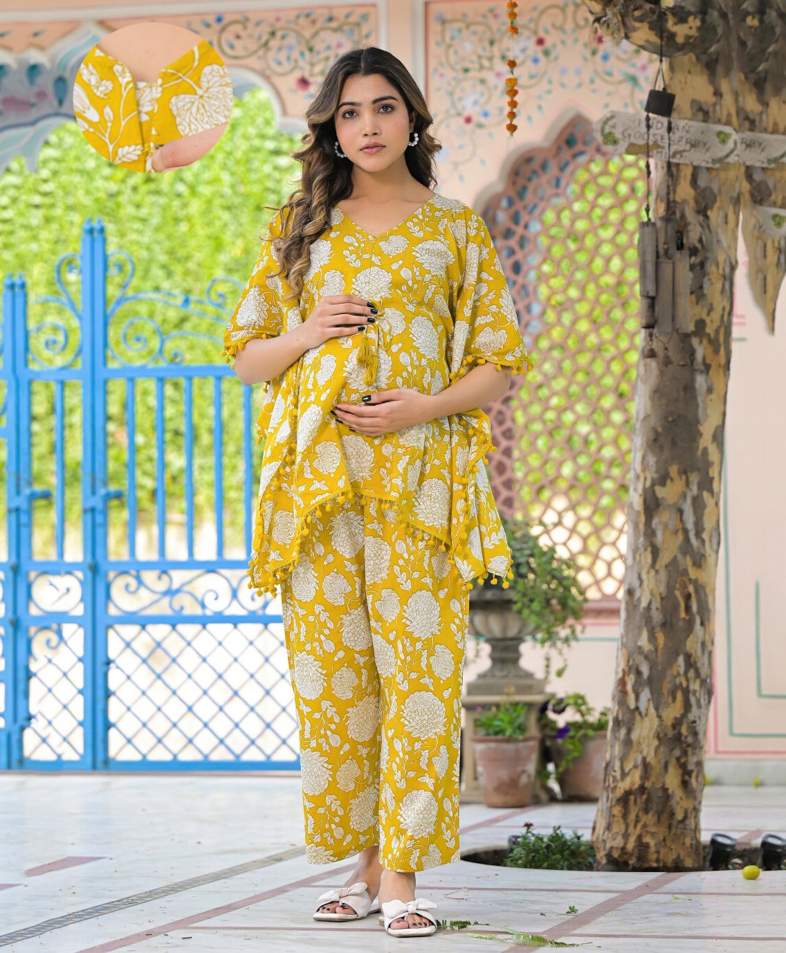 Aujjessa Cotton Batwing Sleeves Floral Printed & Lace Embellished Maternity Feeding Night Suit with Concealed Zipper Nursing Access - Mustard