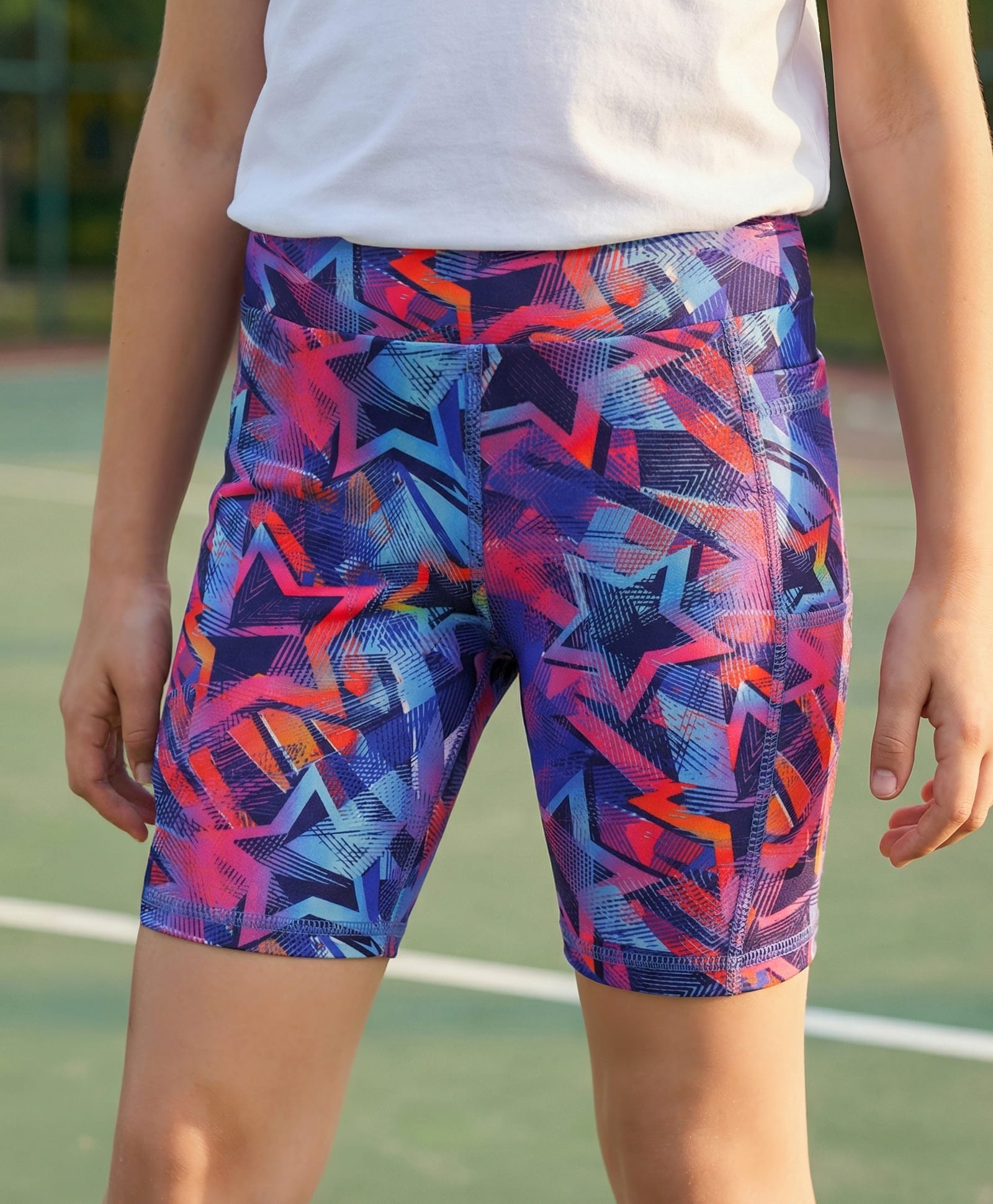 Pine Active Super Stretch Knee Length Cycling Shorts With Star Print - Pink & Blue-picture-24