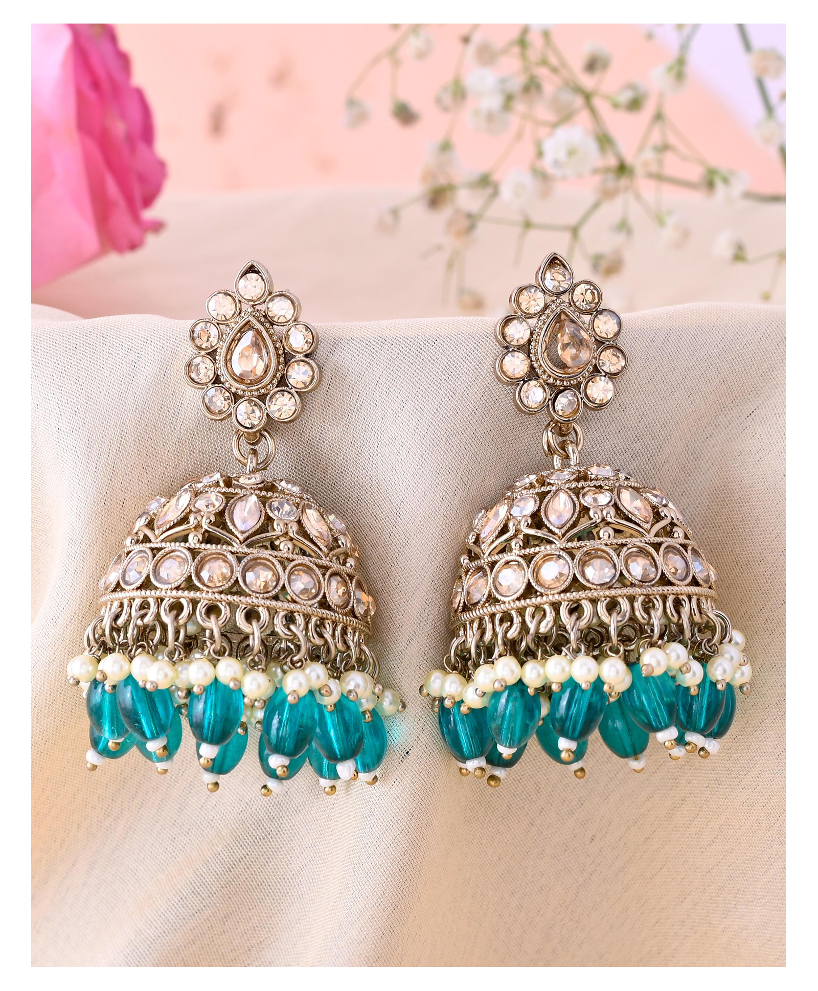 VALLEY OF JEWELLERY - Gold Plated Stone Studded Done Shapped Jumkas - Teal Blue-image-5