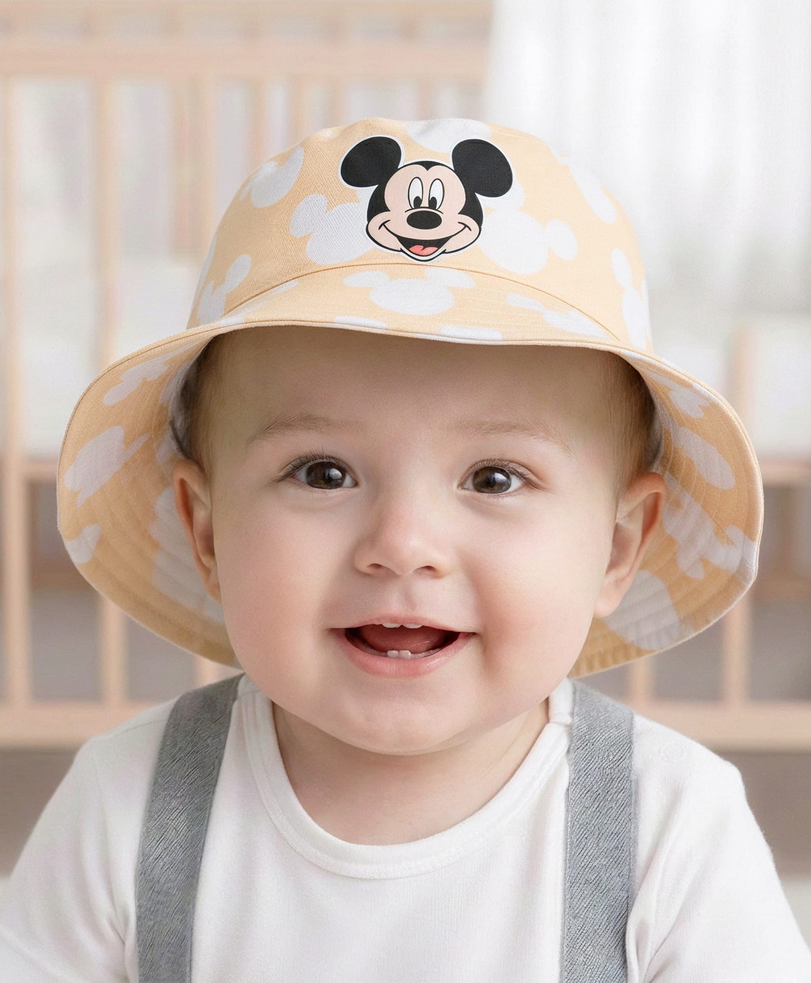Babyoye Disney Cotton Woven Summer Hat With Mickey Mouse Print Beige - Diameter 44 cm