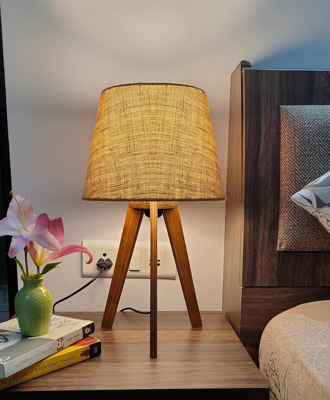 Crosscut Furniture Premium Wooden Bed Side LED Table Lamp (Brown With Jute)-image-6