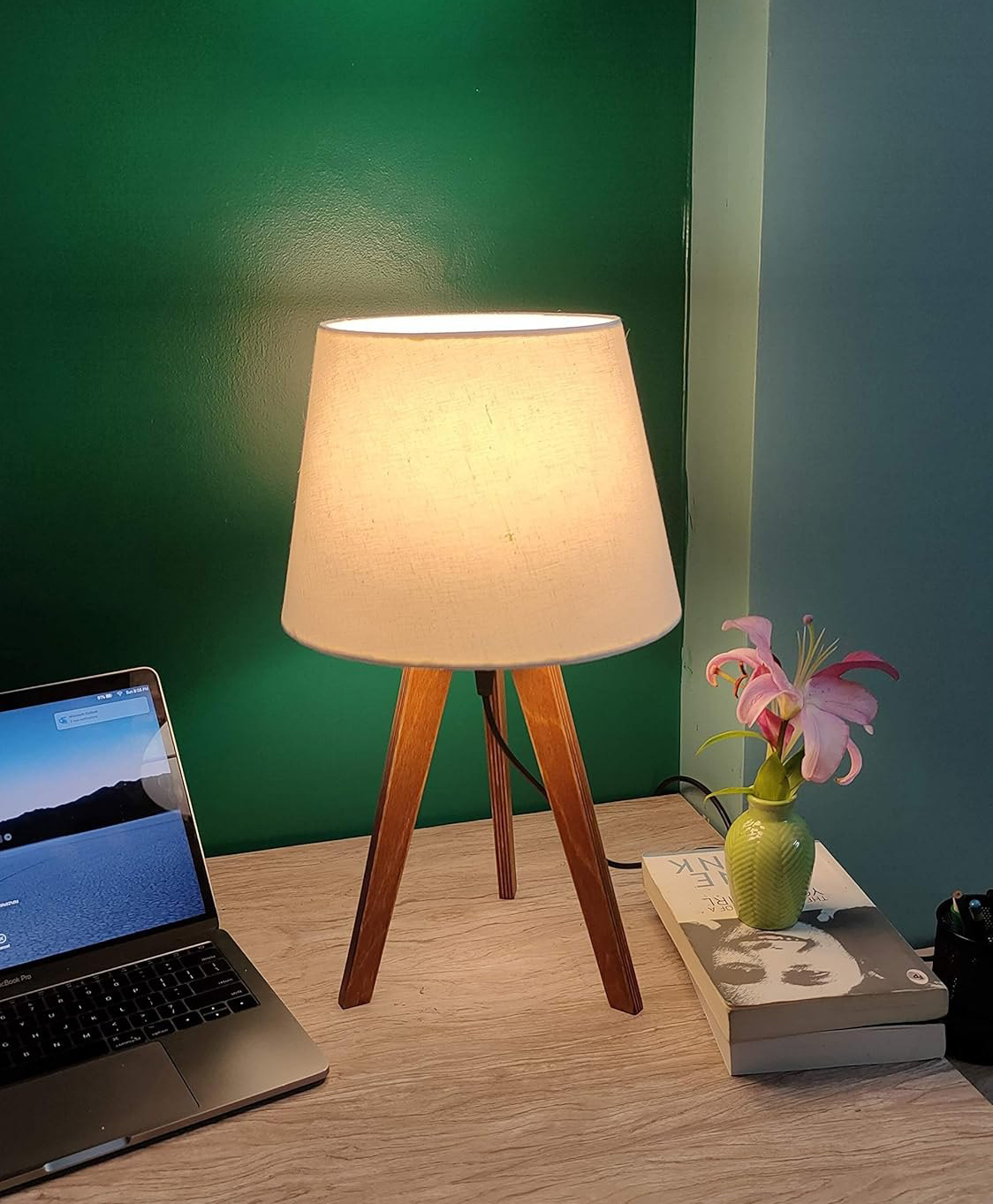 Crosscut Furniture Premium Wooden LED Bed Side Table Lamp (Brown With White)-image-3