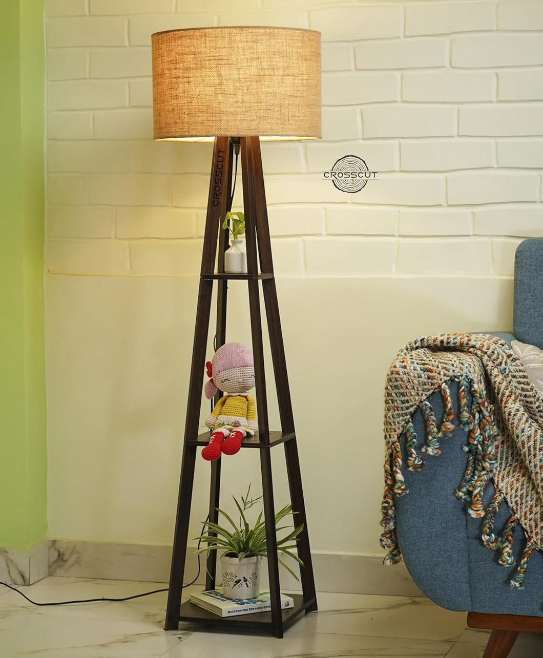Crosscut Furniture Wooden Floor Lamp with Shelf in Dark Finish (Natural Jute) LED-picture-10