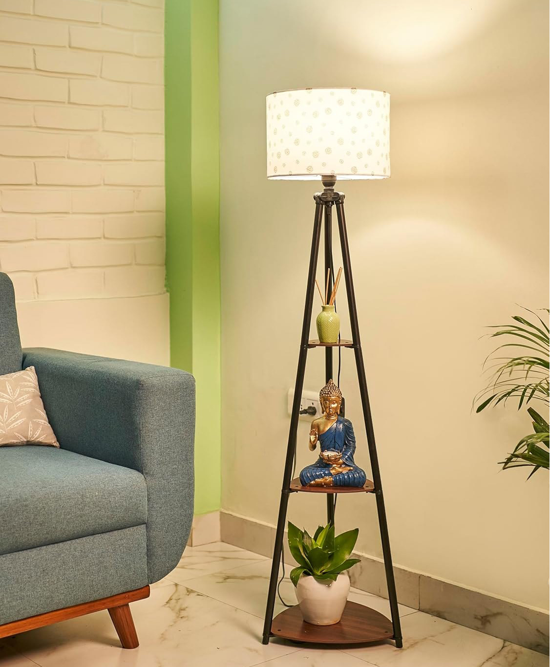Crosscut Furniture Metal Floor Lamp with 3 Shelves (Subtle Flowers) LED Bulb Included, White-image-8