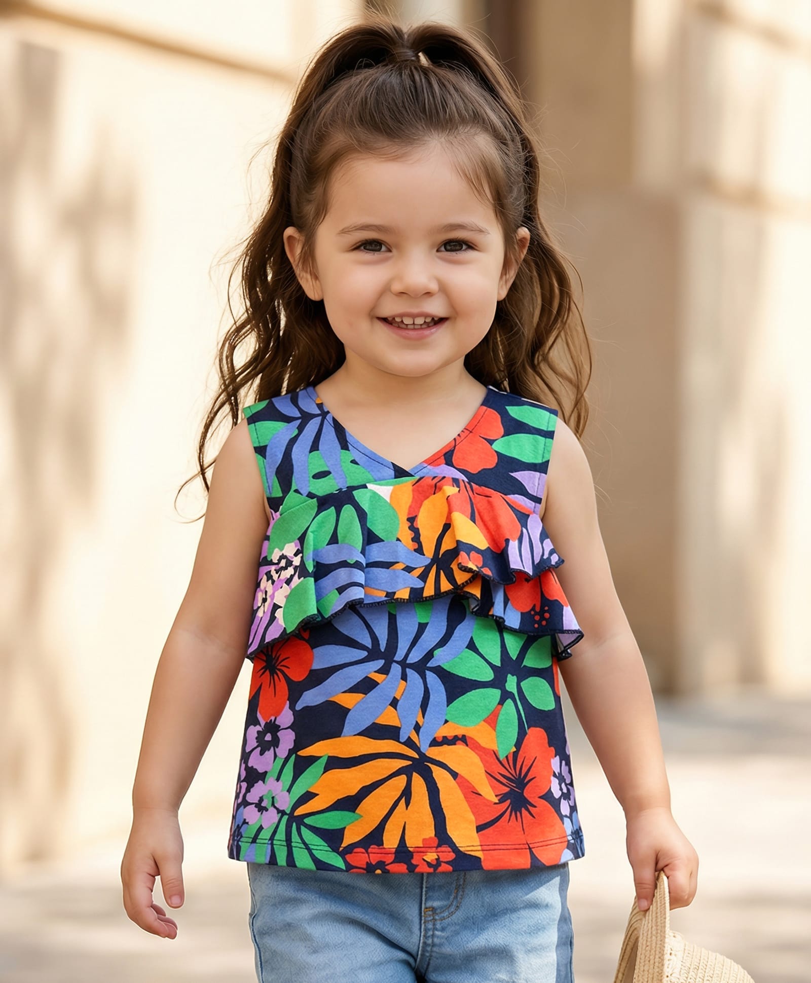 Babyhug Cotton Knit Sleeveless Top With Floral Print & Frill Detailing - Navy Blue