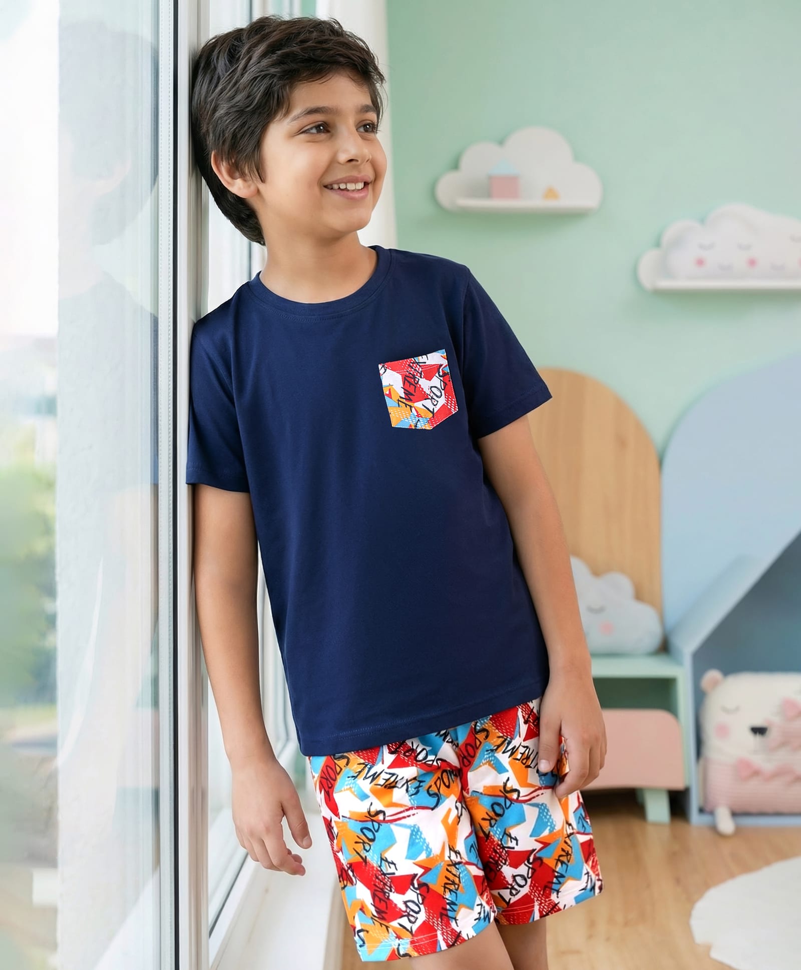 Pine Kids Single Jersey Knit Half Sleeves Shorts Nightsuit With Sport Theme Text Print - Navy Blue-image-25