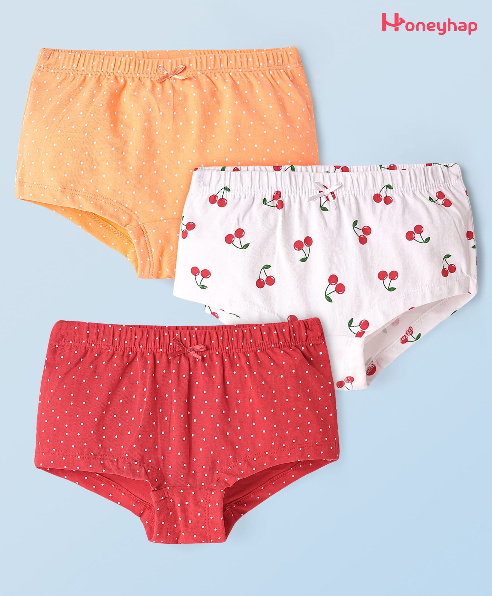 Honeyhap Premium Cotton Elastane Knit Bio FinishHipsters with Polka Dots & Cherry Print Pack of 3 - High Risk Red Salmon Buff & Bright White-picture-29