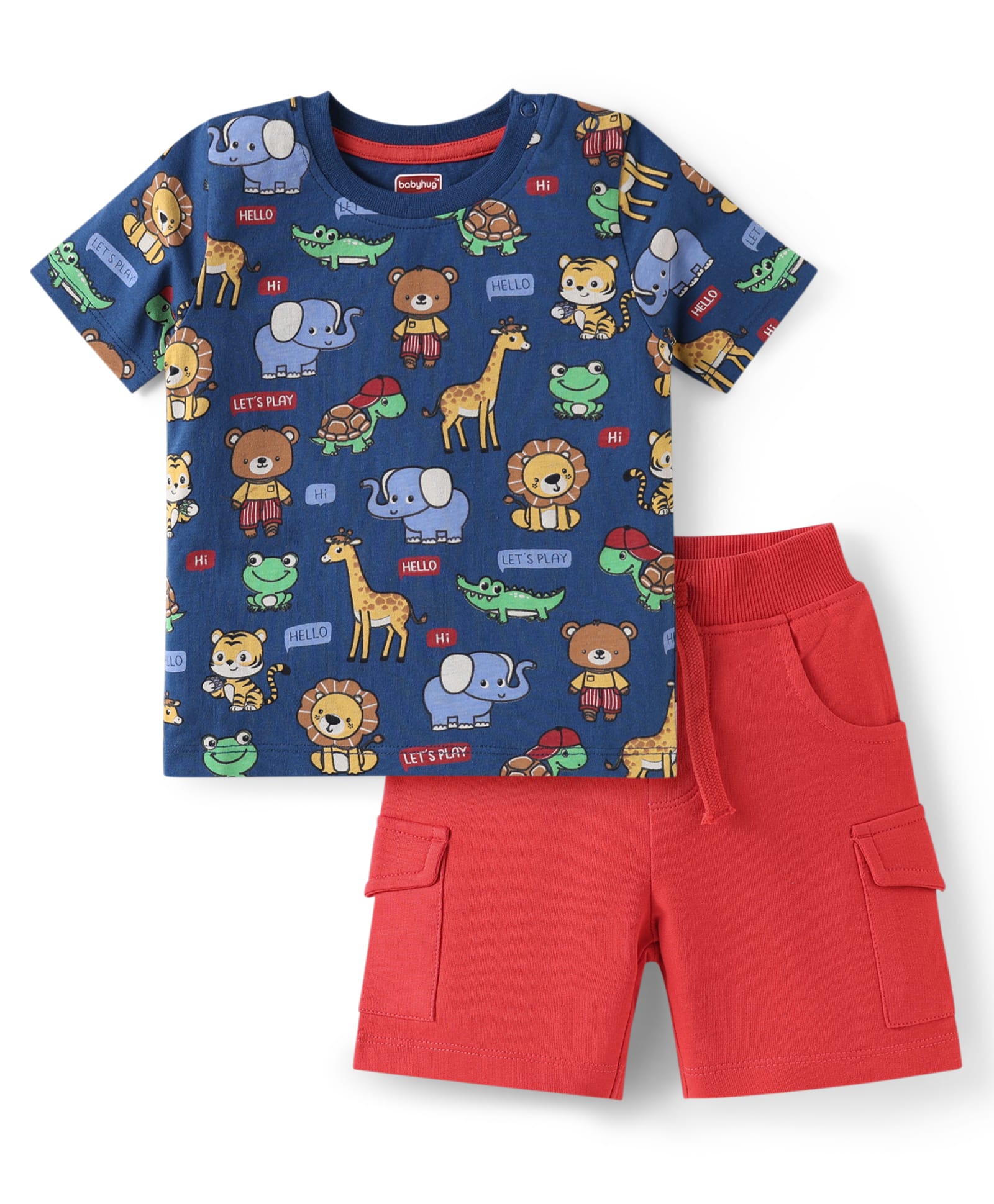 Babyhug Single Jersey Knit Half Sleeves T-Shirt & Shorts Set with Animal Print - Navy Blue & Red-picture-22