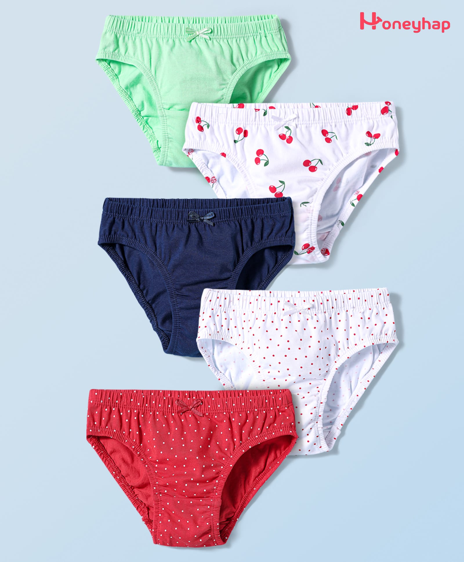 Honeyhap Premium Cotton Elastane Knit Panties With Polka Dots & Cherry Print Pack Of 5 - Bright White Fandango Pink & Navy Peony-picture-23
