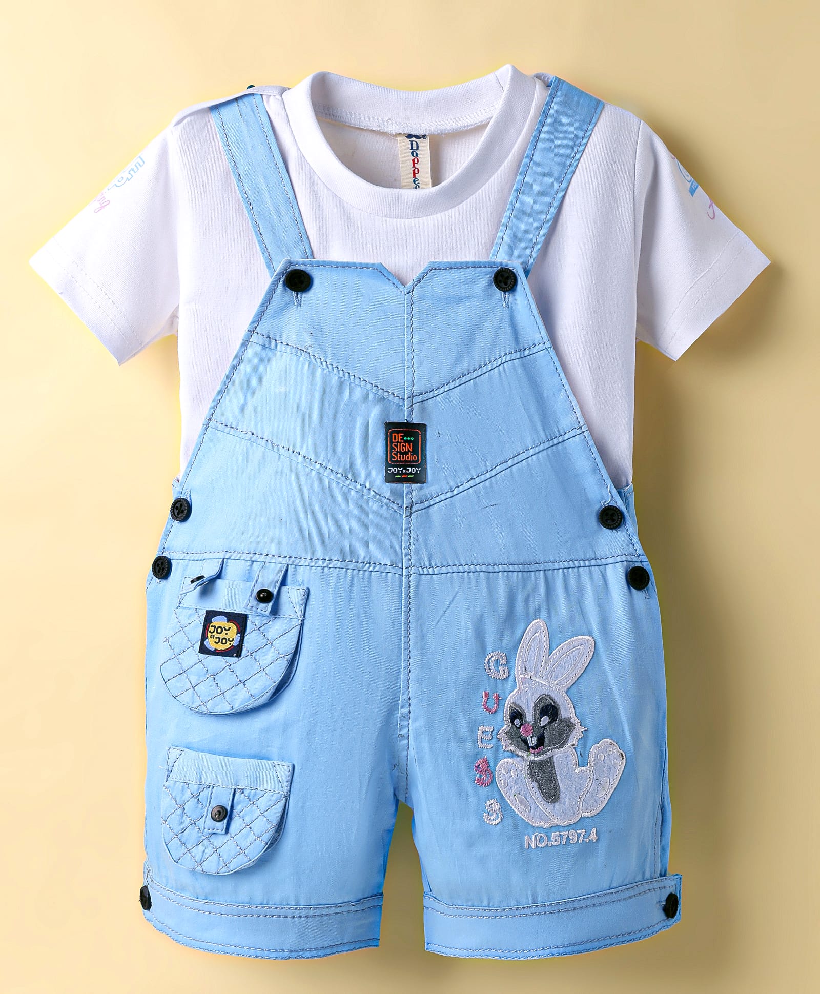 Dapper Dudes Embosis Hosiery Bunny Patch Embroidered Dungaree With Half Sleeves Tee - Blue-image-33