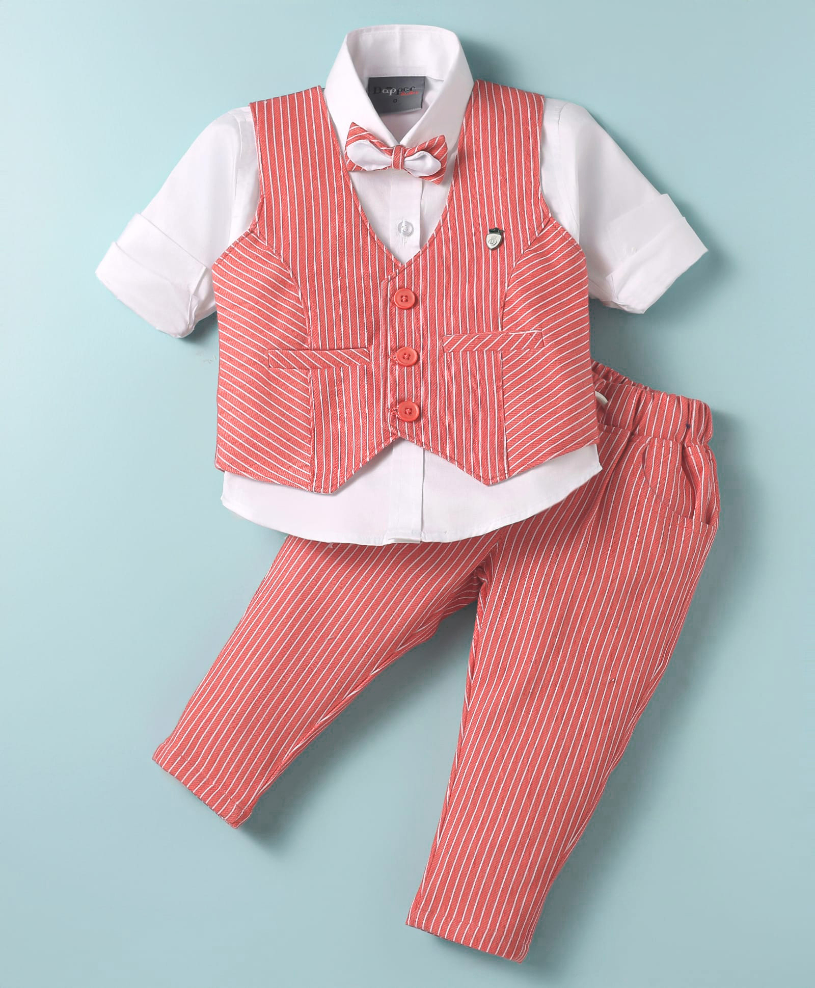 Dapper Dudes Full Sleeves Solid Shirt With Striped Waistcoat Bow & Pant Set - Orange-picture-28