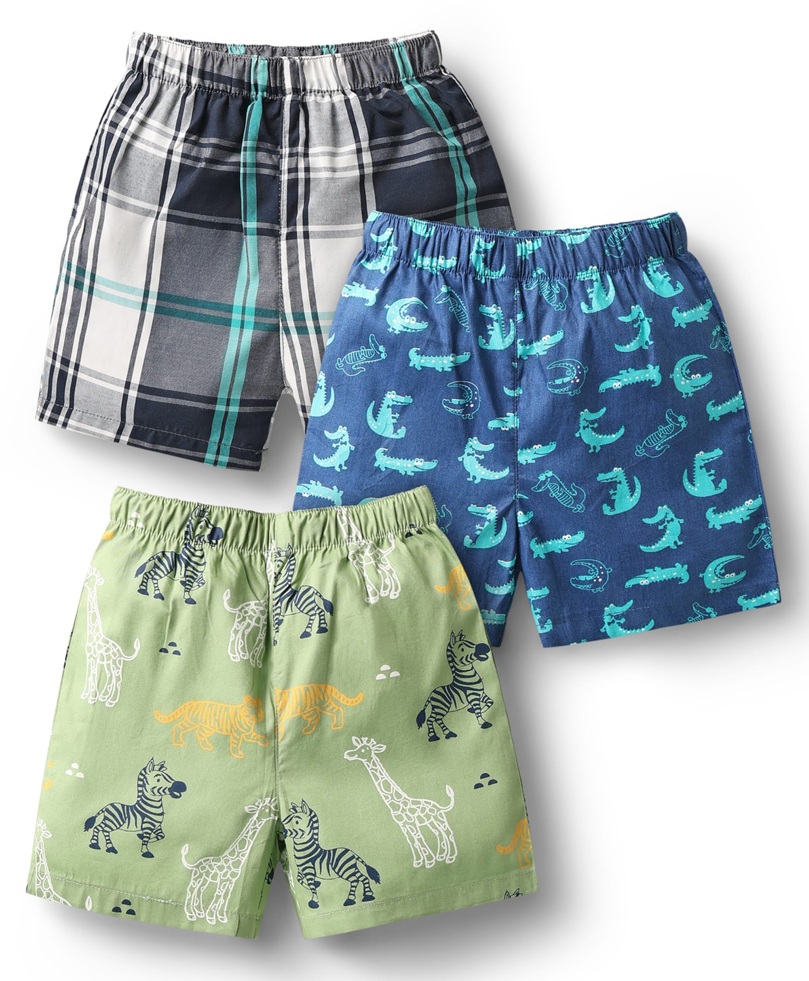 Babyhug Cotton Woven Boxers with Checks & Animal Print Pack Of 3 - Black Green & Navy Blue-image-36