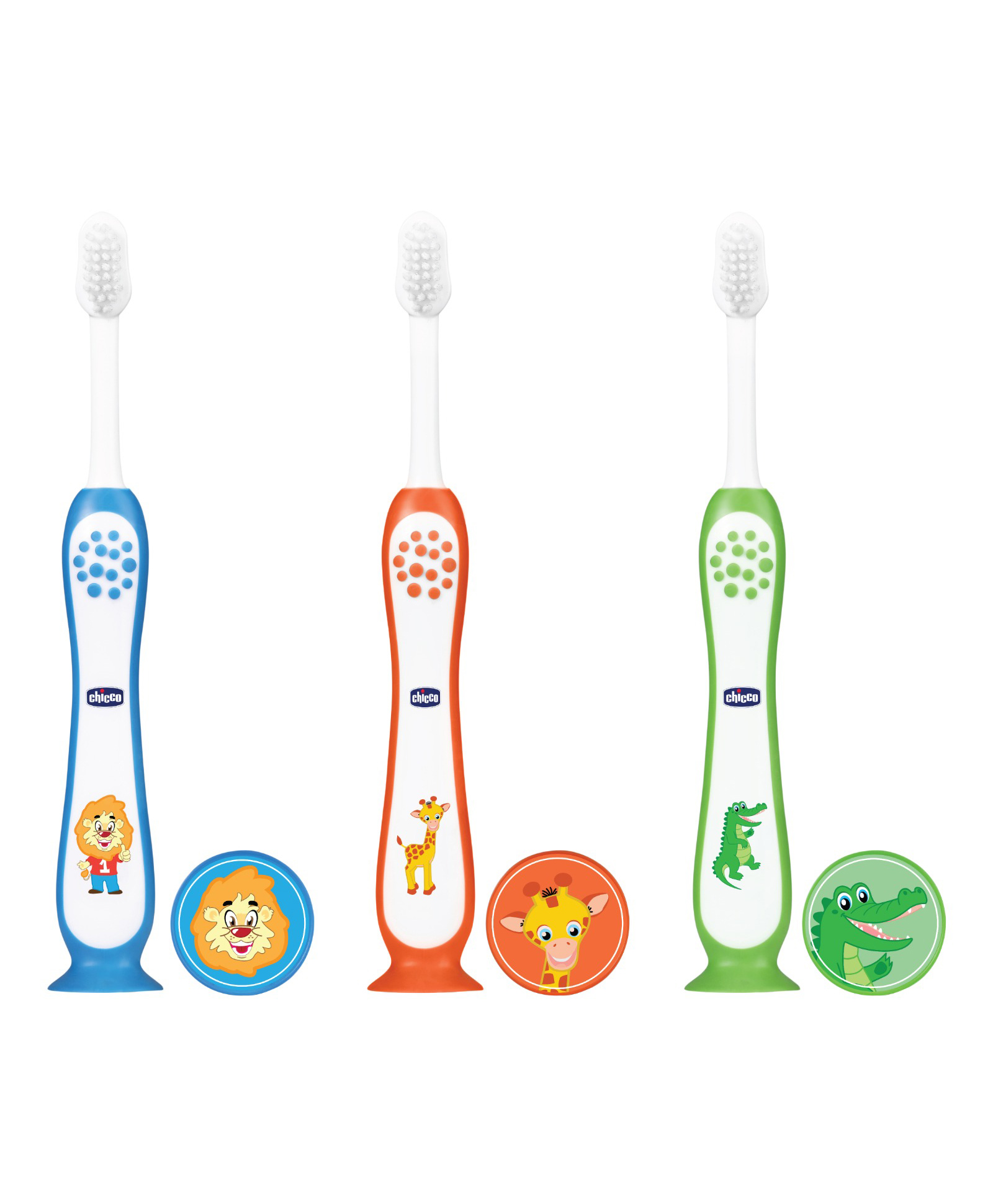 Chicco Toothbrushes With Animal Print Pack of 3 - Blue Orange & Green