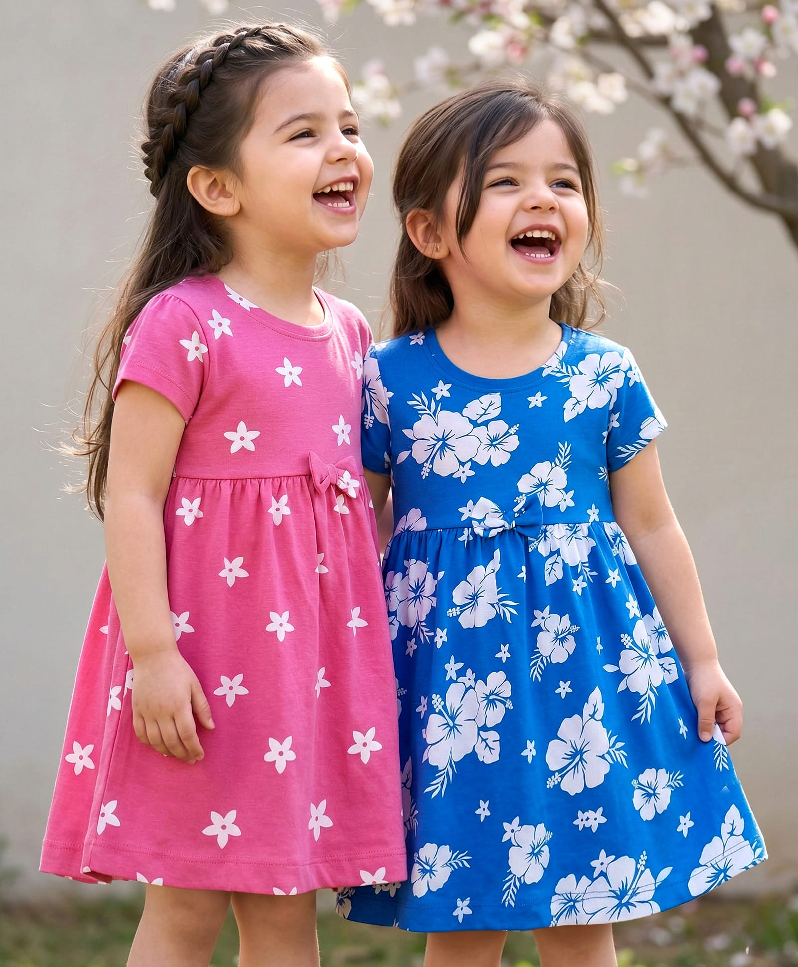 Babyhug Single Jersey Knit Half Sleeves Floral Printed Frocks With Bow Applique Pack of 2 - Blue & Pink-picture-33