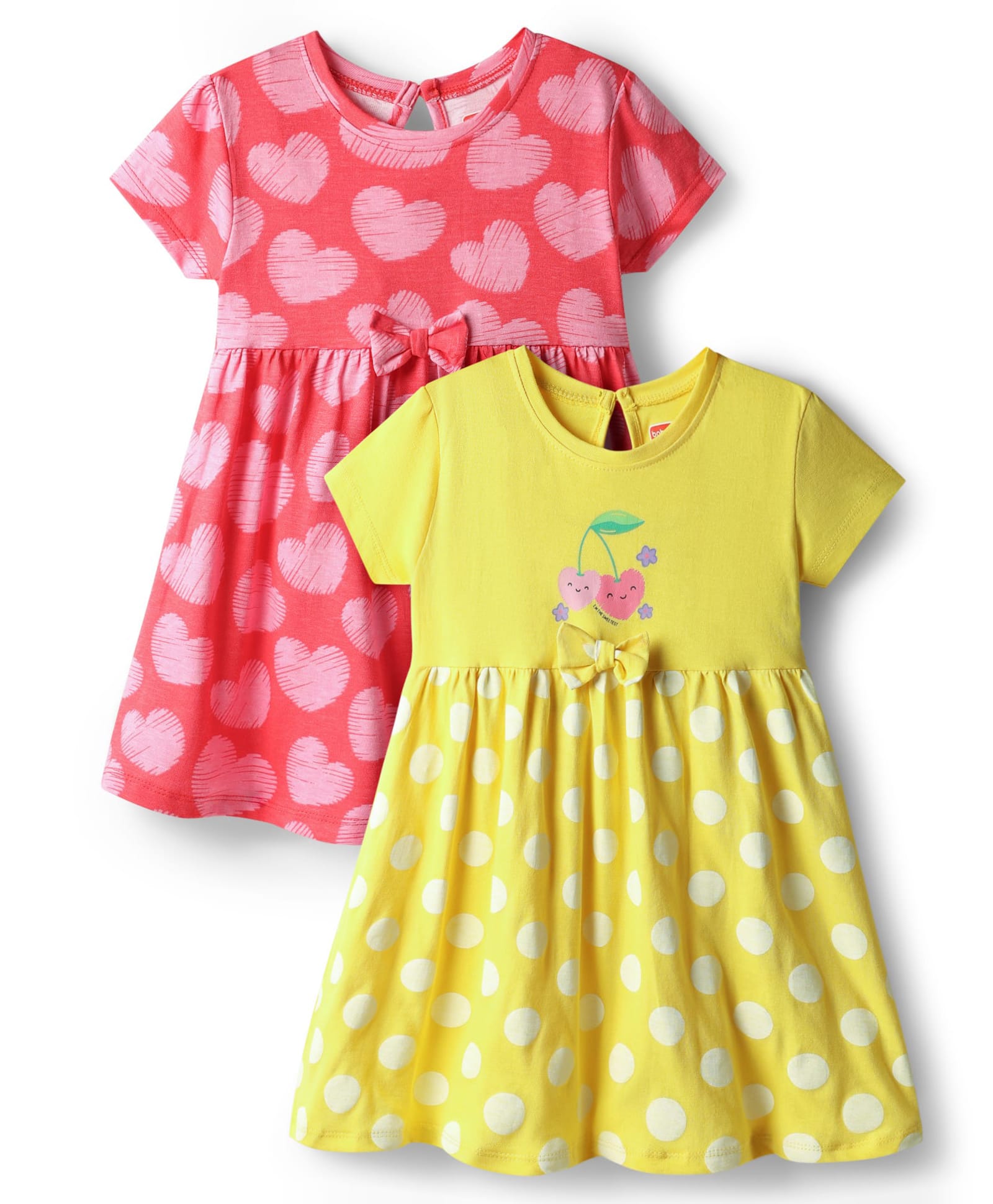 Babyhug Single Jersey Knit Half Sleeves Frocks With Polka Dots & Bow Applique Pack Of 2 - Light Green & Pink-image-47