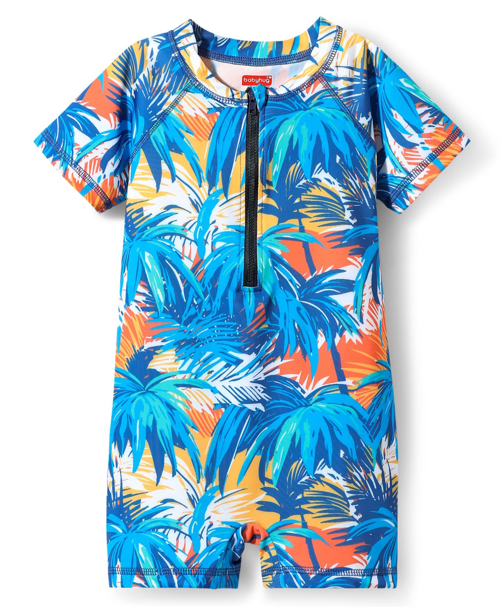 Babyhug Water Repellent Half Sleeves Legged Swimsuit With Tropical Print - Aqua Blue-image-26