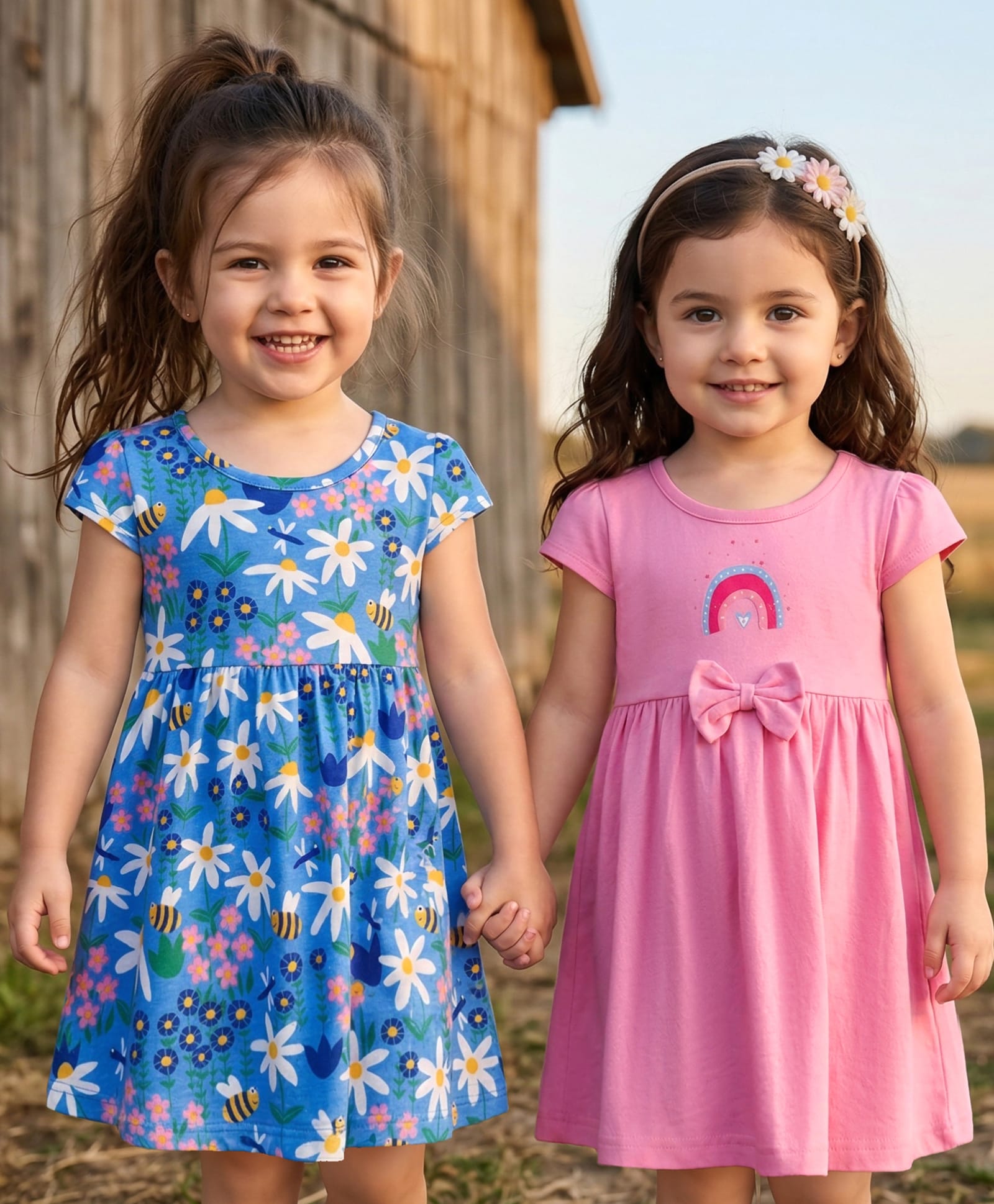 Babyhug Single Jersey Half Sleeves Frocks with Floral & Rainbow Pack of 2 - Pink & Blue-image-36