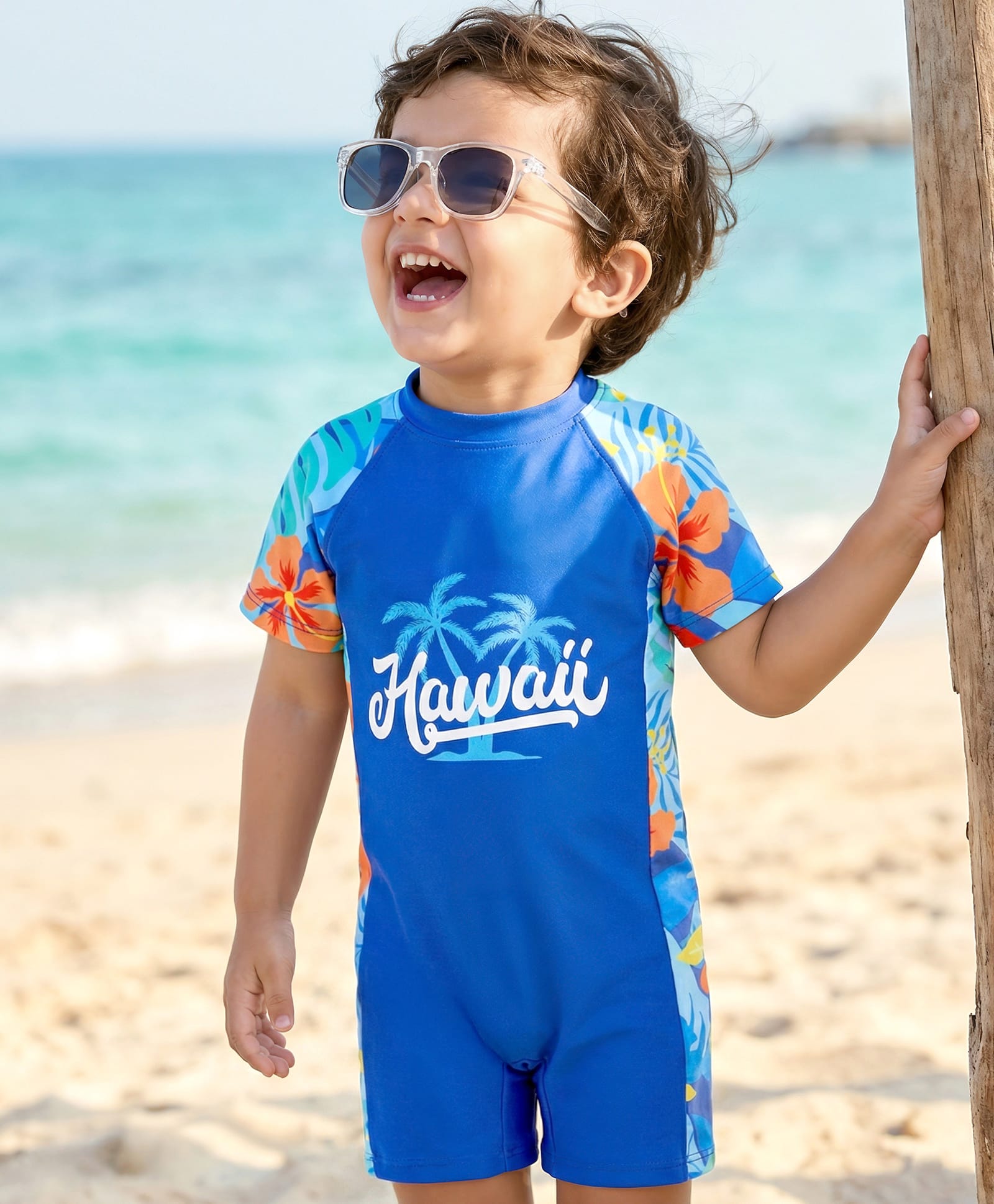 Babyhug Water Repellant Half Raglan Sleeves Legged Swimsuit with Beach Theme & Hawaii Typography Print - Navy Blue-image-42