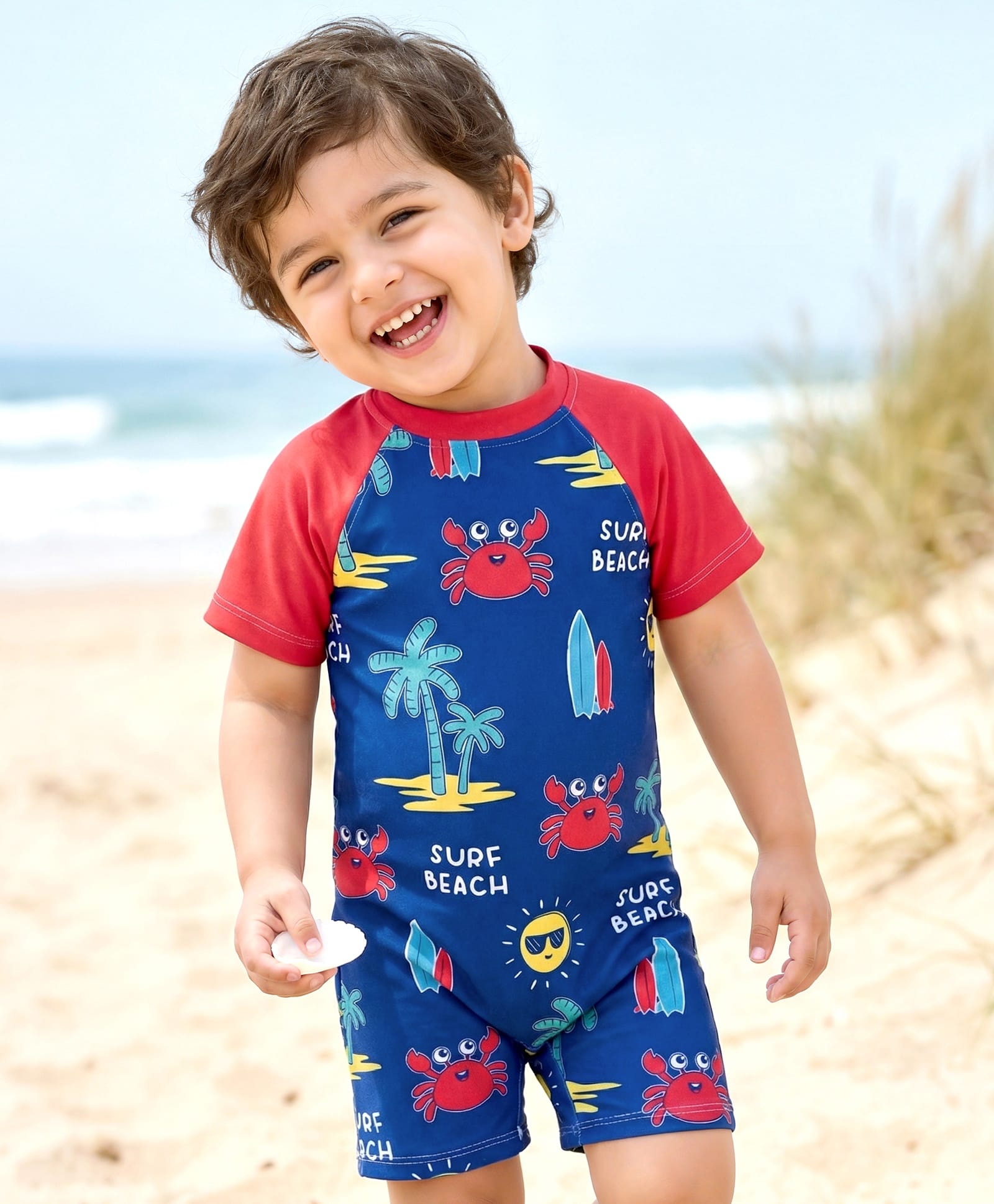 Babyhug Water Resistant Half Raglan Sleeves Legged Swim Suit With Beach Theme Print - Navy Blue & Red-image-40
