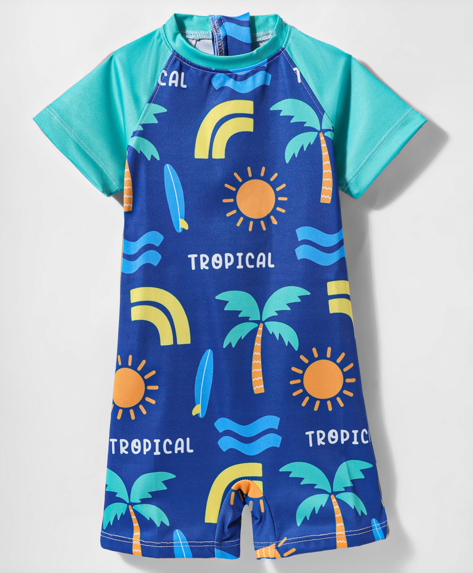 Babyhug Water Repellant Half Raglan Sleeves Legged Swimsuit With Beach Theme Print - Blue-image-22