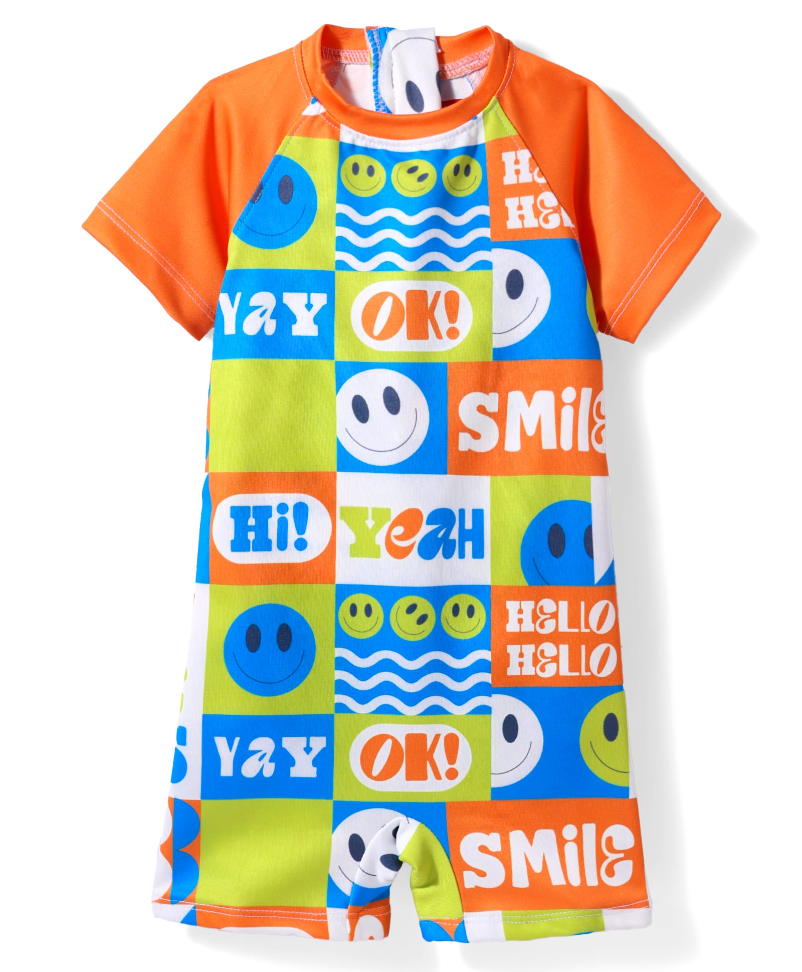 Babyhug Half Raglan Sleeves Water Repellent Emojis Print Legged Swimsuit - Orange-picture-20