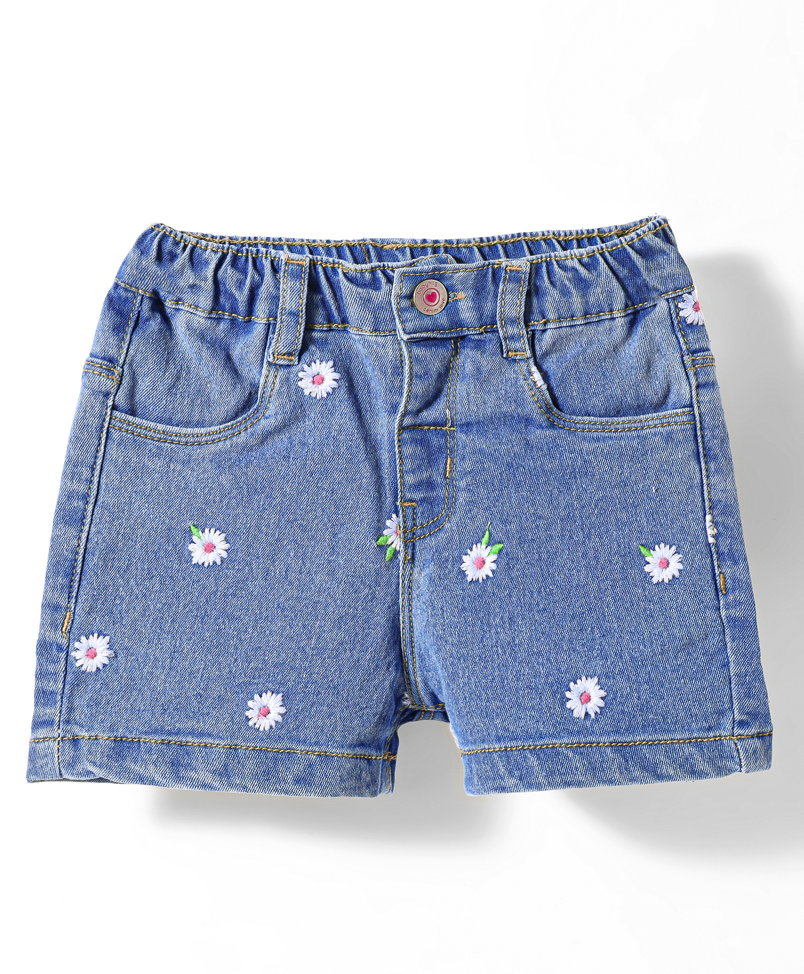 Babyhug Denim Mid Thigh Shorts With Floral Embroidery & Stretch- Blue