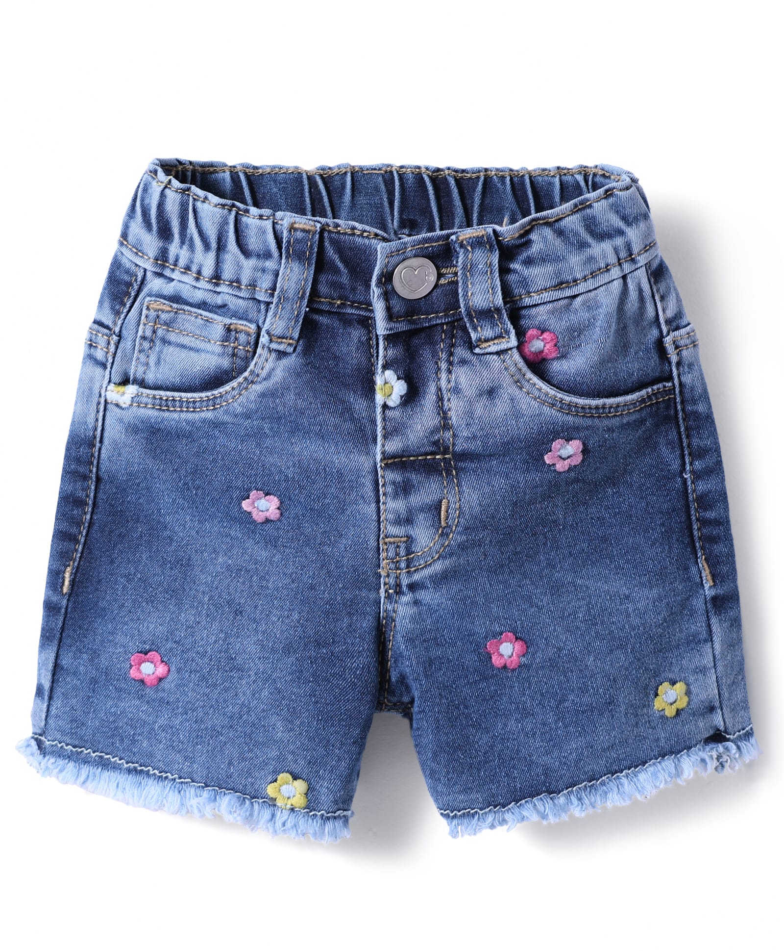 babyhug mid thigh washed denim shorts with stretch & floral embroidery - blue