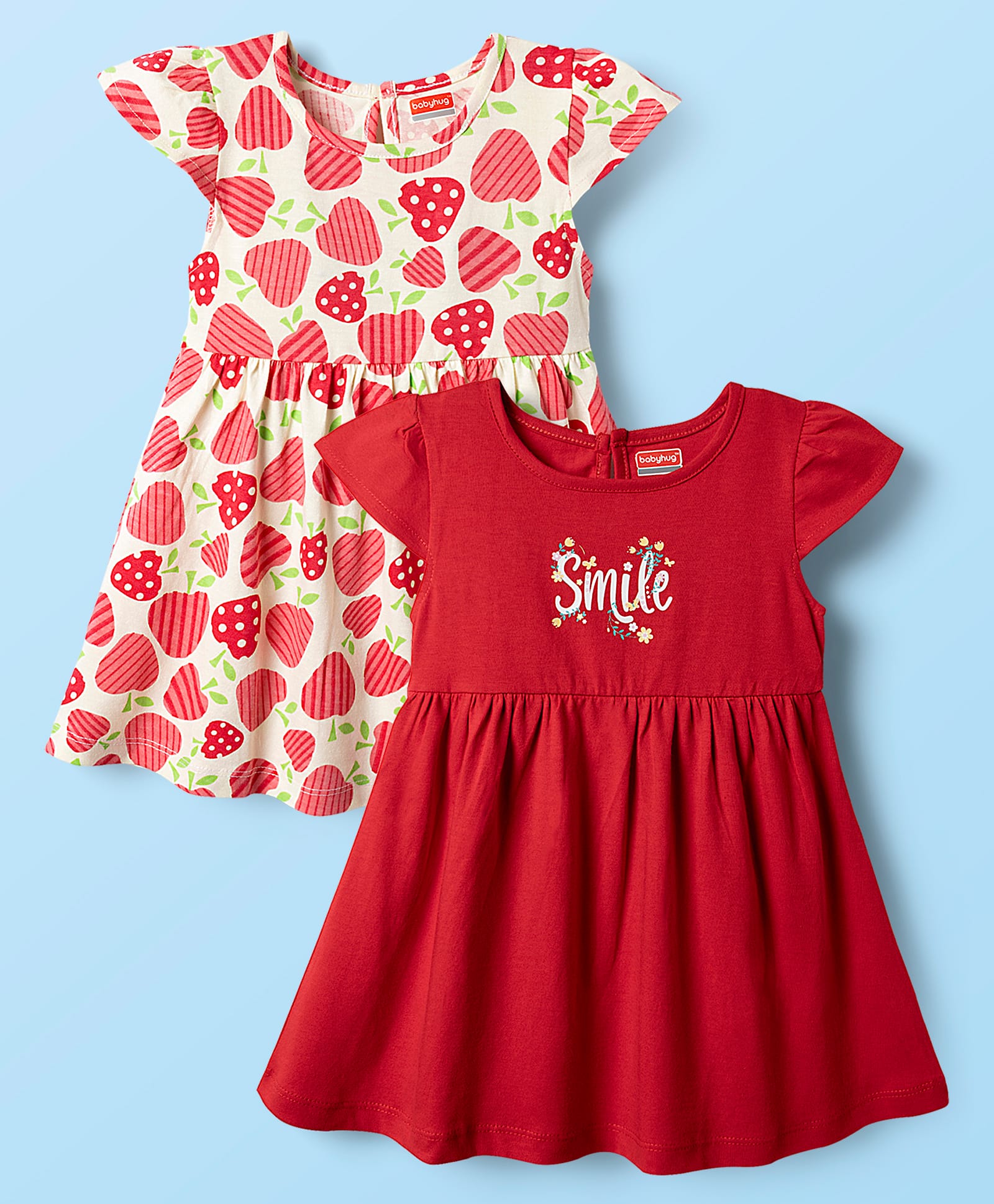 Babyhug Single Jersey Knit Cap Sleeves Fruit Printed Frocks Pack of 2 - Red & White-image-25
