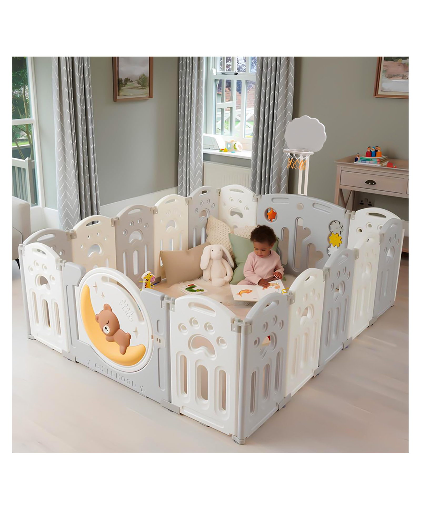 Baybee 2 in 1 Moon Kids Playpen with Glowing Lights & Basketball Set | Foldable Baby Activity Playards for Indoor & Outdoor Play Area ( 18 Panels )-picture-28