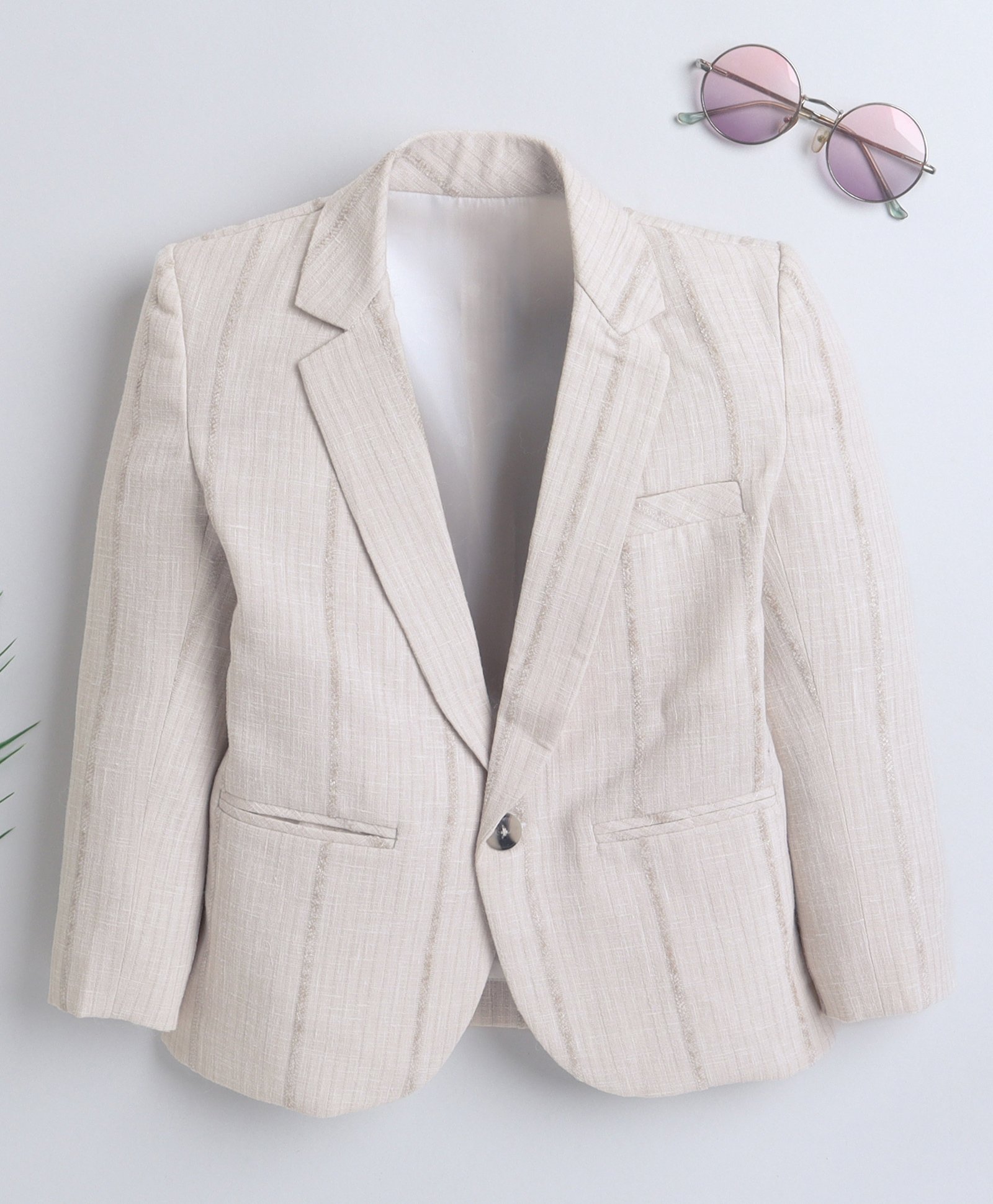 Ministitch Linen Full Sleeves Striped Blazer - Cream-image-6