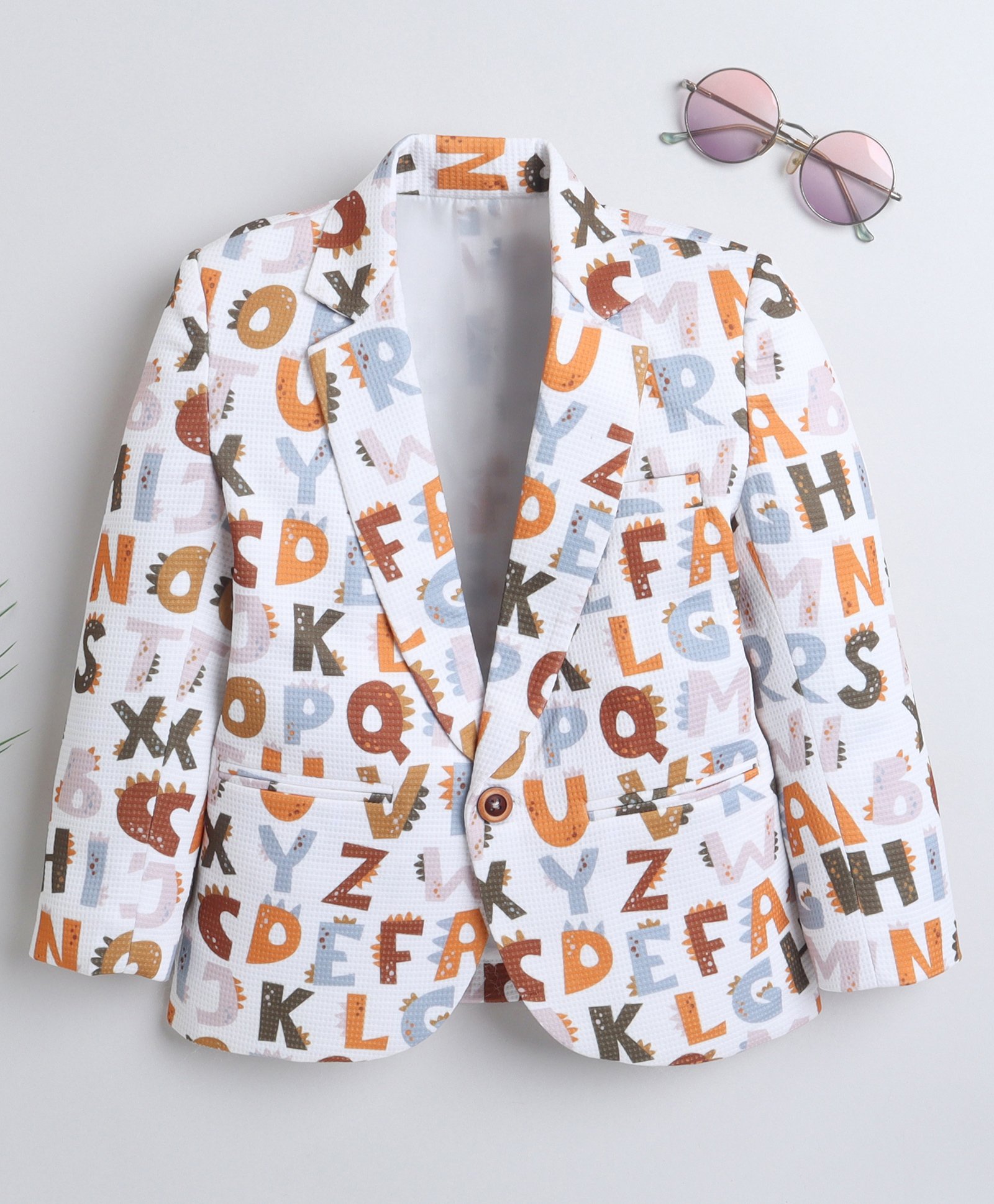 Ministitch Full Sleeves Alphabets Printed Blazer - Brown-image-0