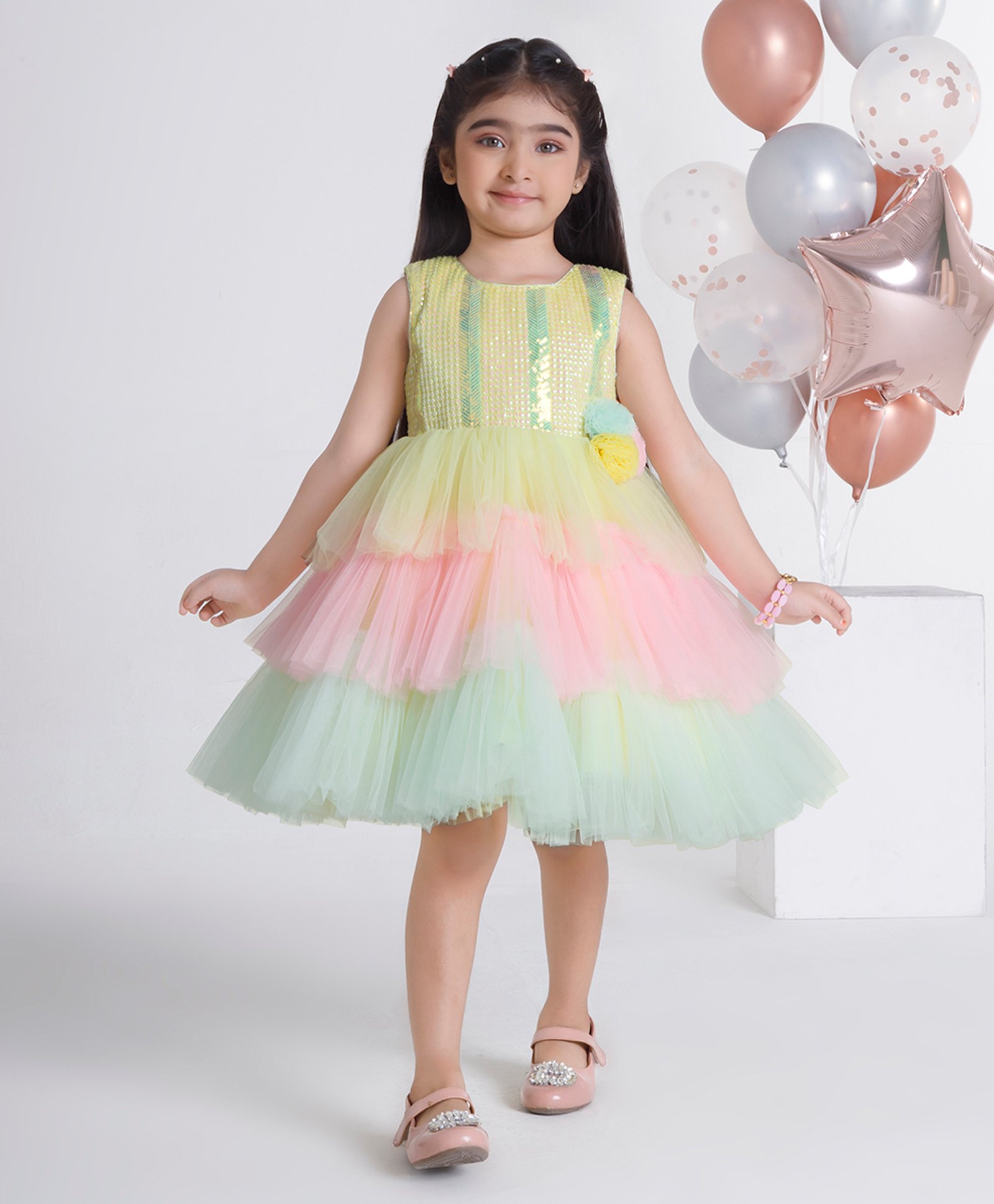 Ministitch Sleeveless Floral Applique Detailed Sequins Embellised Layered Dress - Lemon Yellow-image-35
