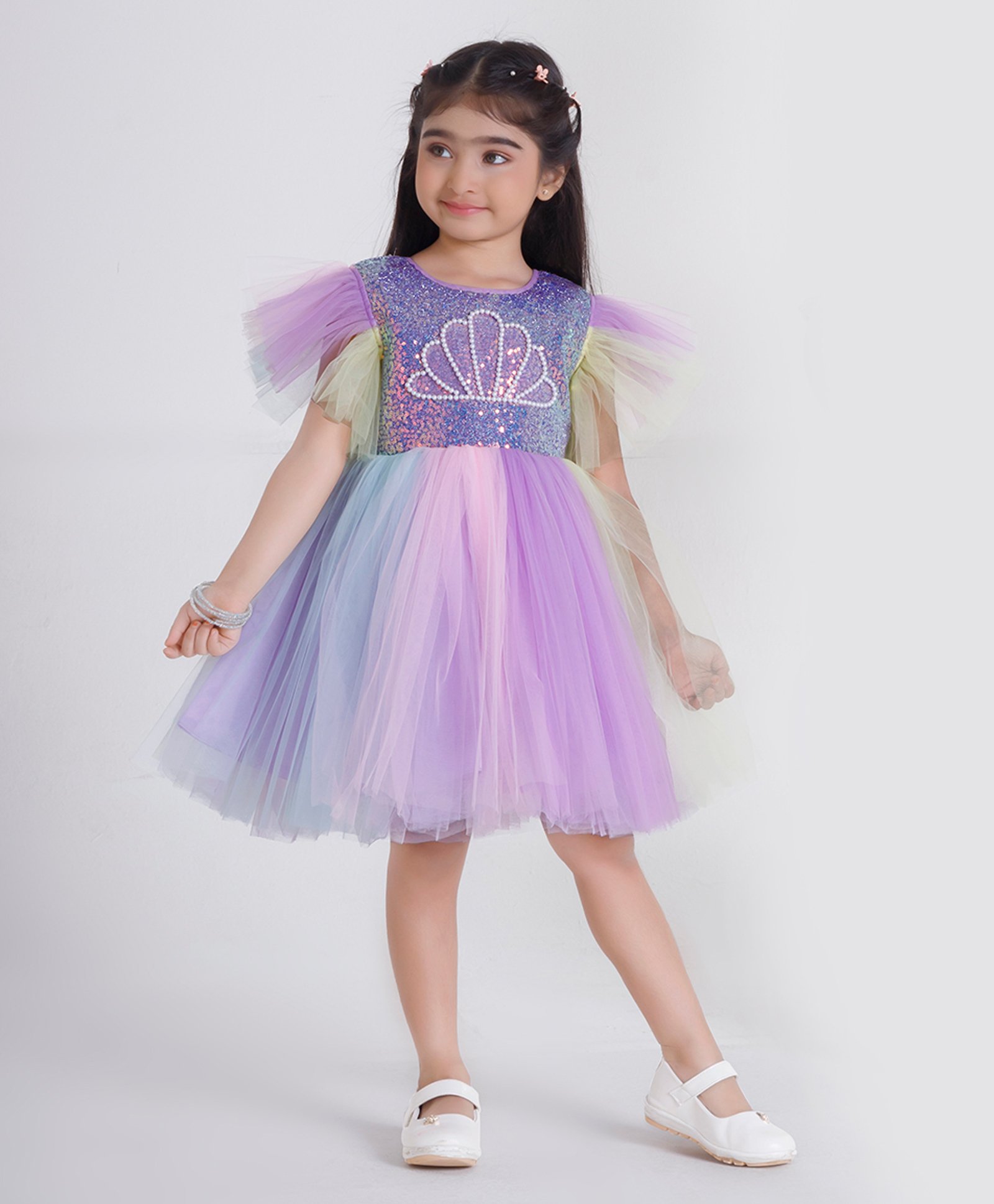 Ministitch Net Sleeveless Pearls & Sequins Embellished Dress - Purple-image-10