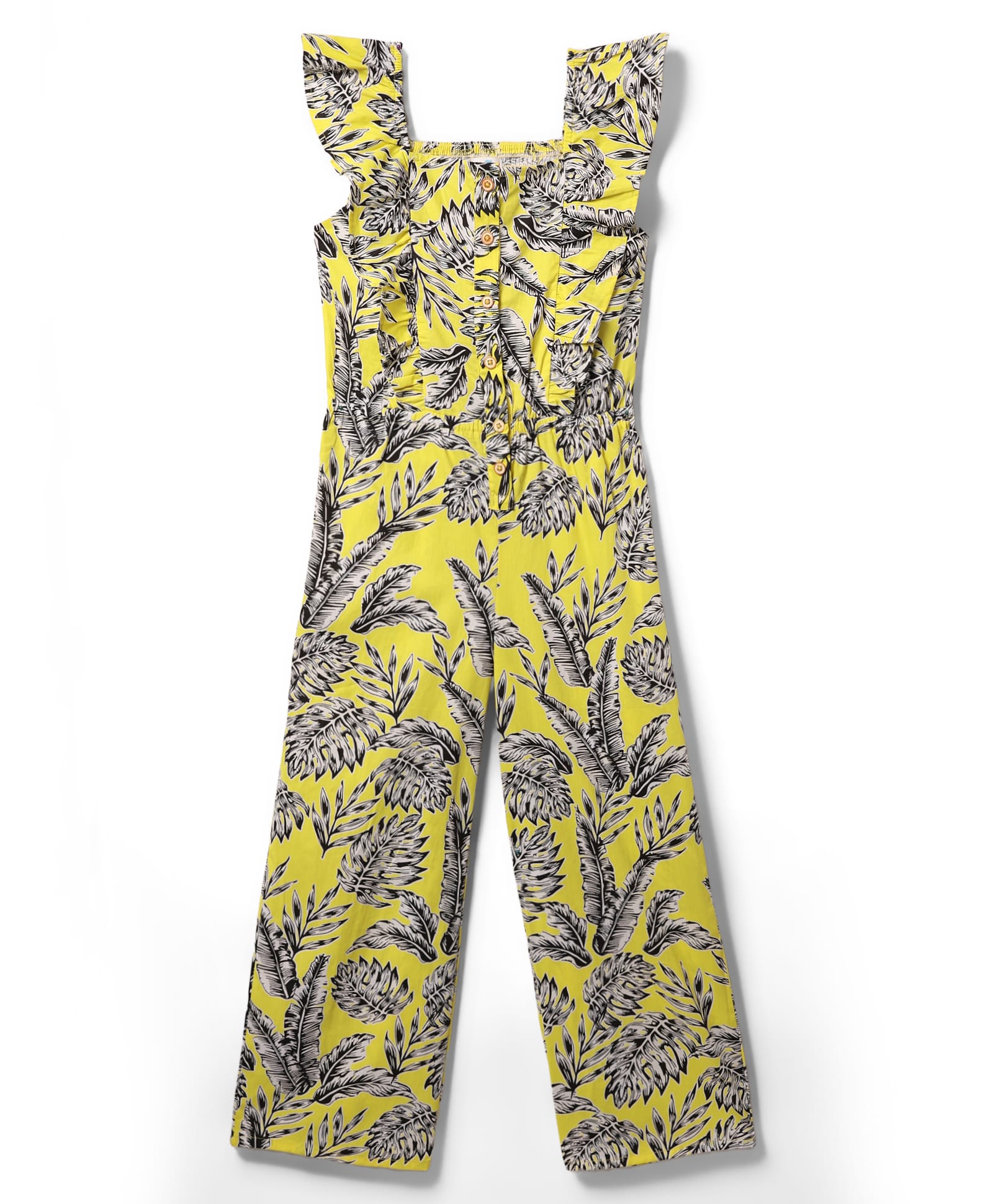 kookie kids india Kookie Kids Cotton Woven Frill Sleeves Jumpsuit with Leaves Print - Yellow-picture-13