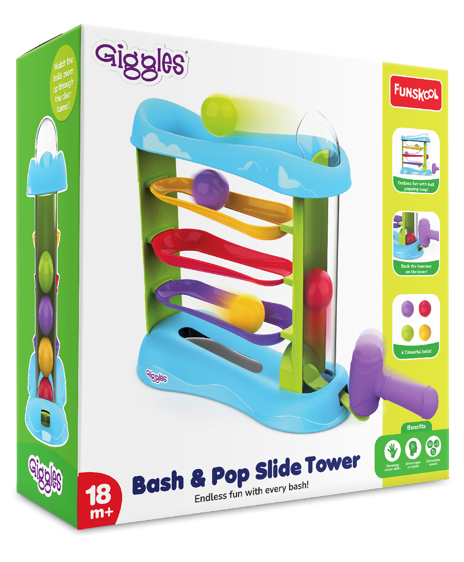 Funskool Giggles Bash & Pop Slide Tower Pound A Ball Toy For Kids With 4 Colourful Balls & Hammer | Bash and Play | Cause & Effect Learning | Active Play | Hand-Eye Coordination - Multicolor-picture-20