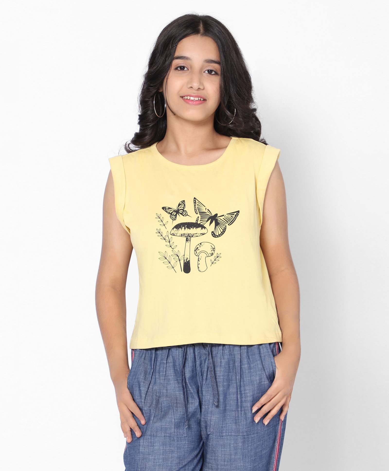 TeenTrums 100% Cotton Sleeveless Butterfly Printed Tee - Yellow-image-12