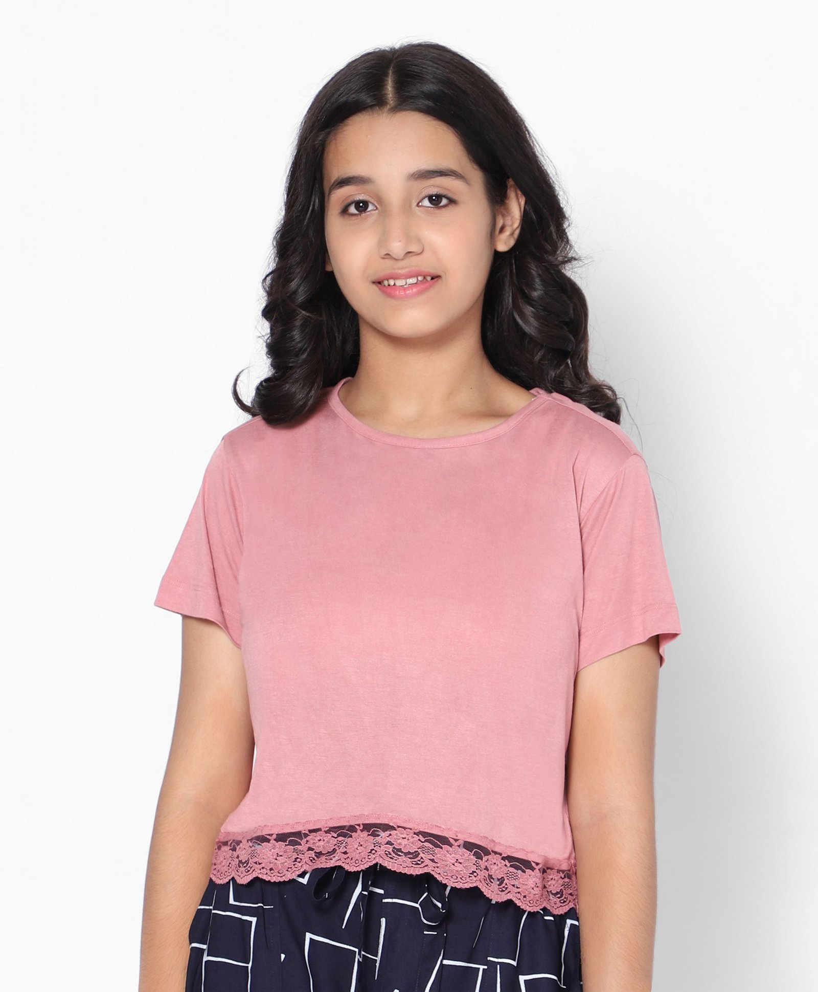 TeenTrums 100% Viscose Half Sleeves Lace Embellished Top - Pink-image-13