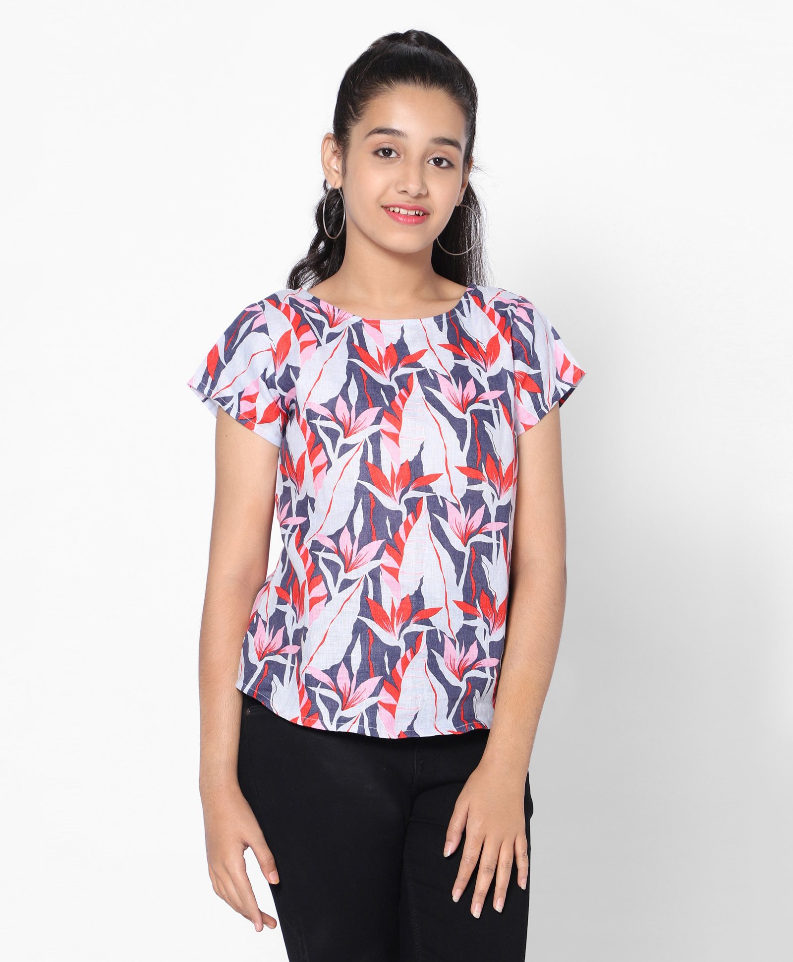 TeenTrums 100% Linen Half Sleeves Floral Printed Top - Aqua Blue-image-7