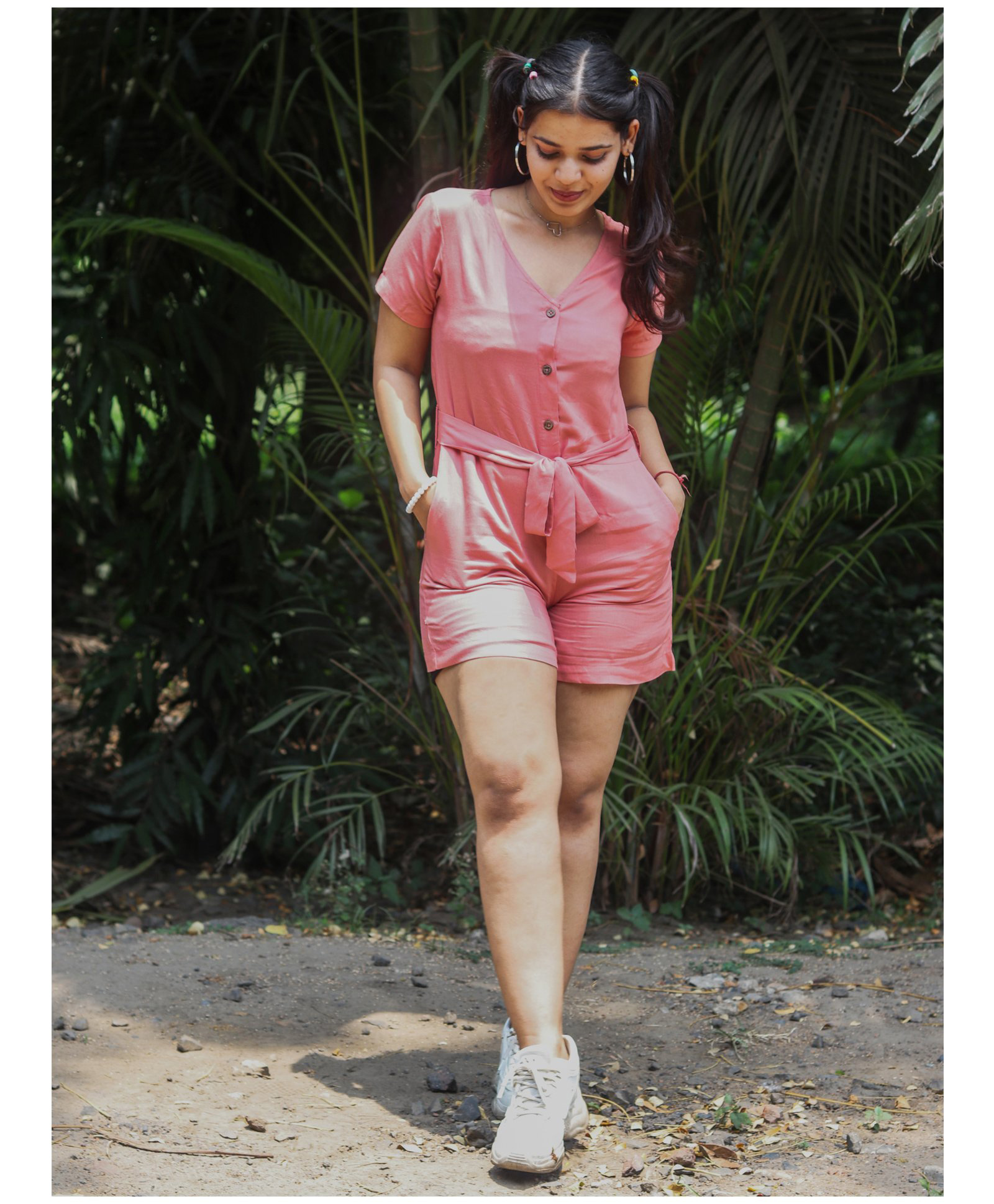 TeenTrums Rayon Half Sleeves Solid Jumpsuit - Coral-image-2